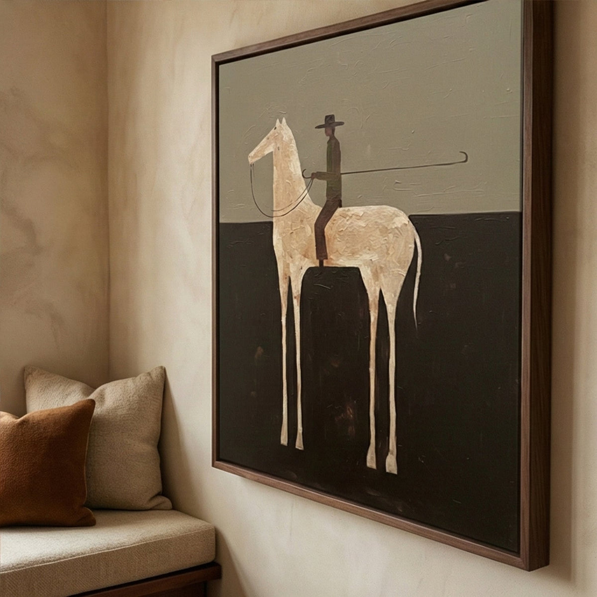 Ivory Rider After Midnight – Minimalist White Horse Rider Painting | Dark Vertical Western Wall Art