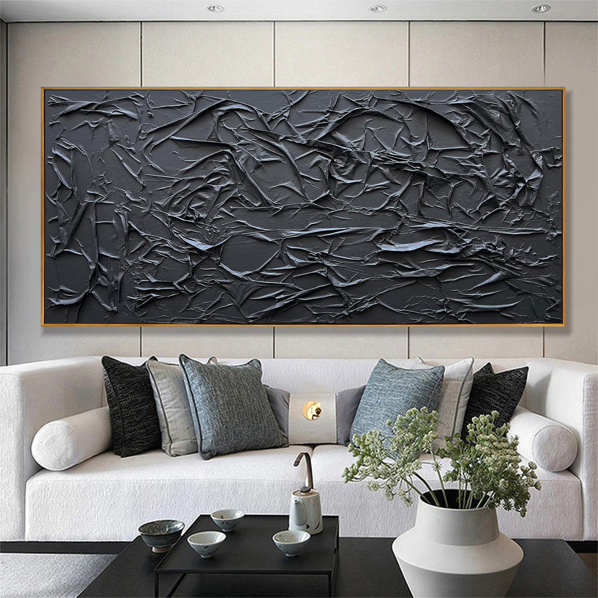 Onyx Ridge – Modern Obsidian Plaster Relief Abstract Painting | Industrial Abstract Home Office & Living Room Art