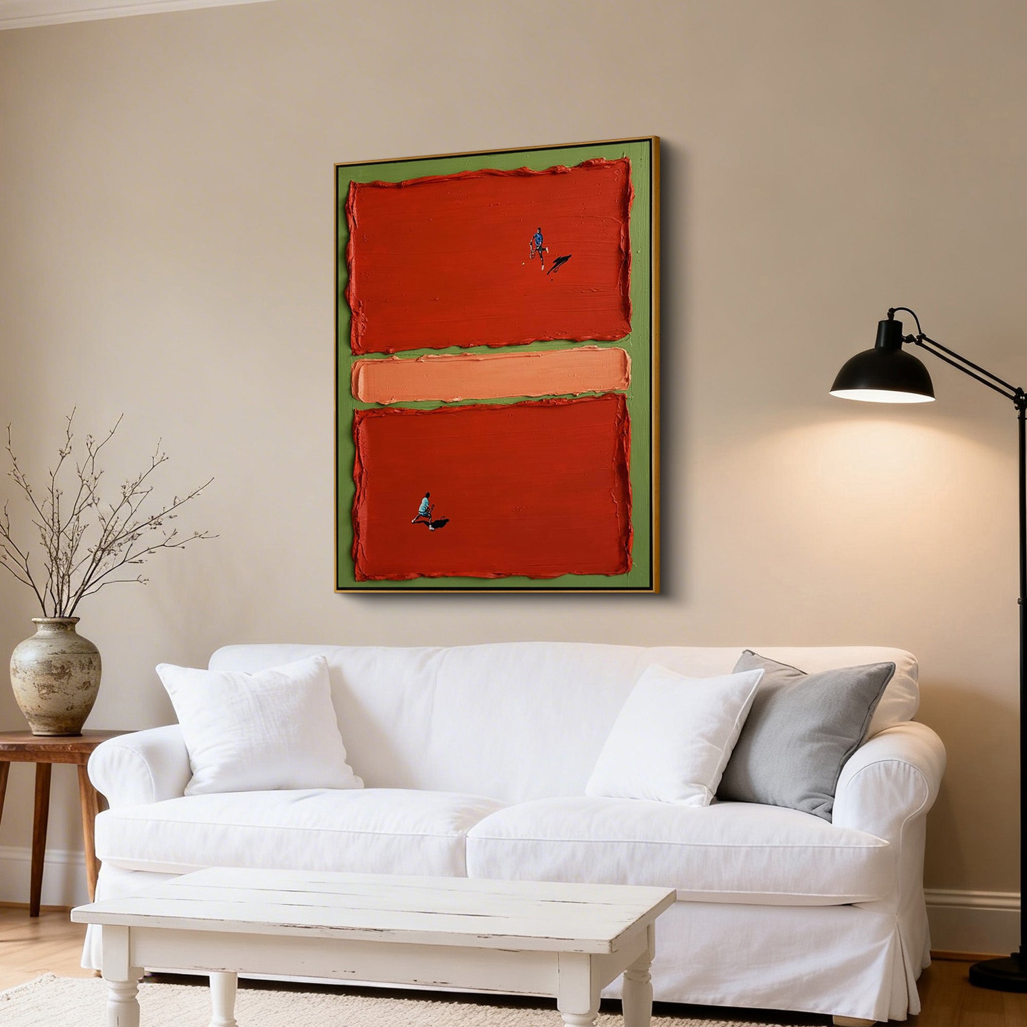 VIVID RACE: Creative Miniature People Oil Painting, Heavy Texture Red Block Abstract Art