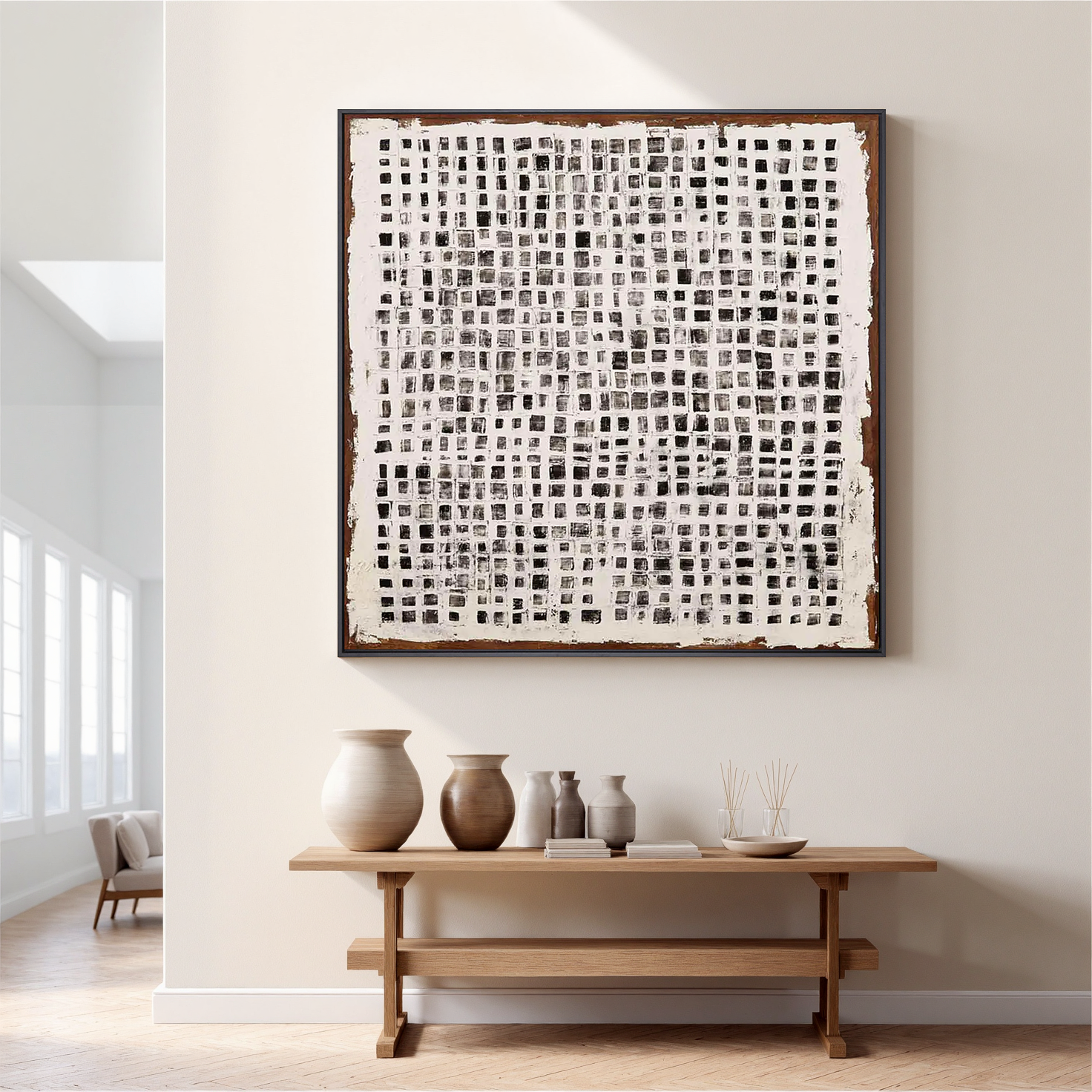 Monochrome Mosaic – Industrial Black and White Grid Impasto Painting | Avant-Garde Expressionist Living Room Art