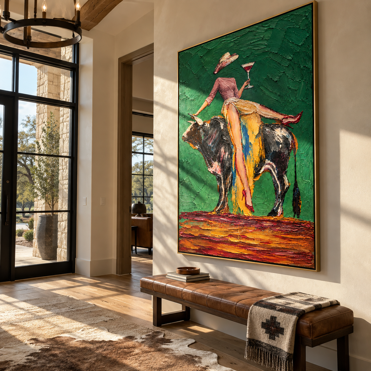 The Rodeo Toast – Vintage Americana Abstract Cowgirl & Bull Painting | Bold Western Living Room Wall Art