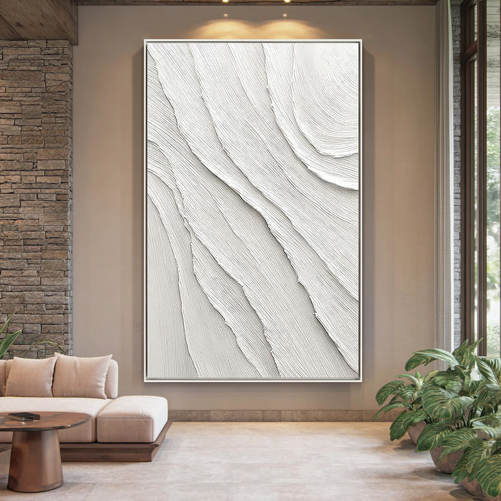 Pure Ripple – Hand-Painted Plaster Effect White Wave Relief Abstract Texture Painting | Modern Abstract Living Room & Office Art