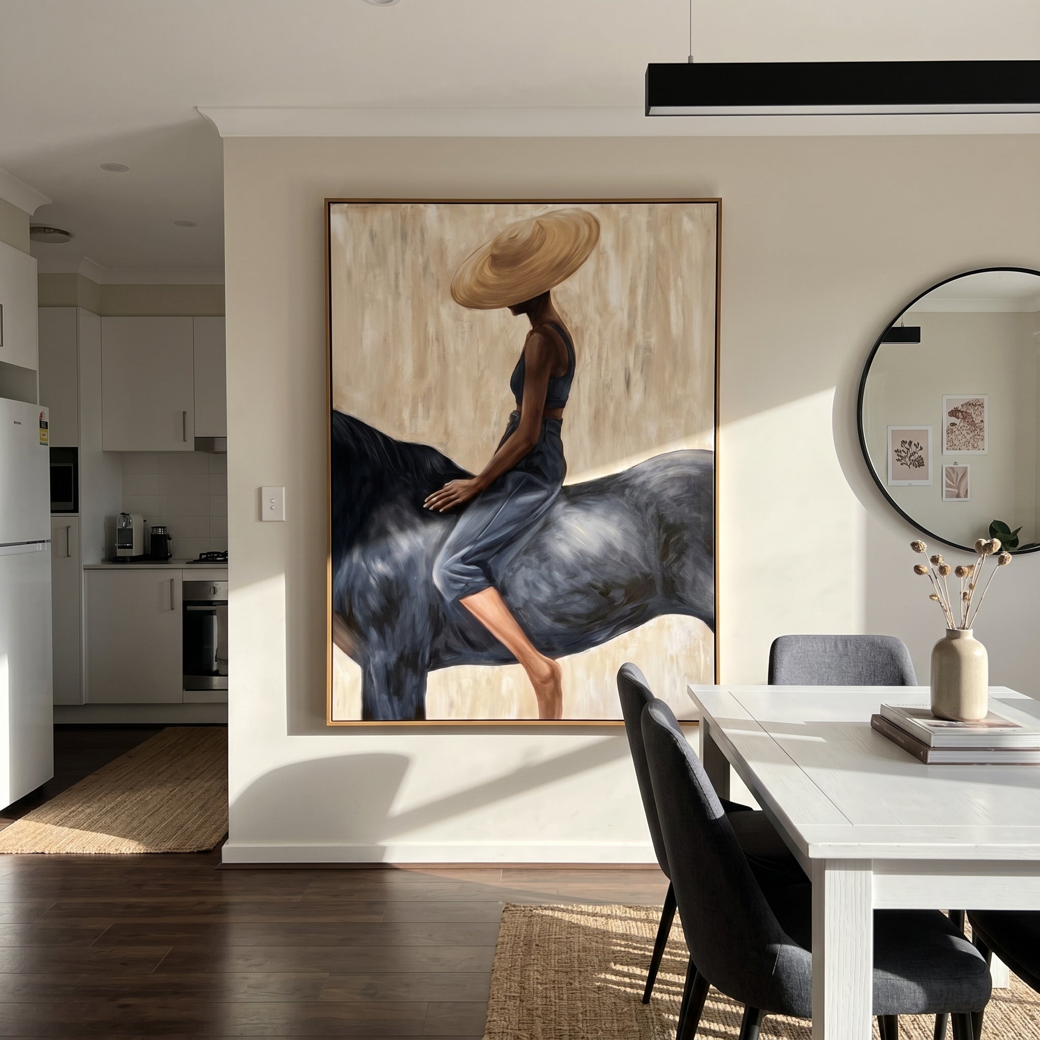 Grace in the Wild - Modern Fashion Black Horse & Woman Painting | Luxury Minimalist Living Room Art