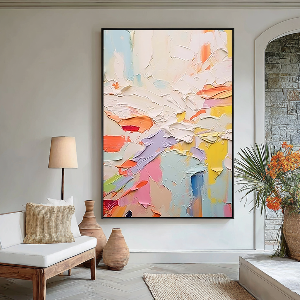 Pastel Energy – Hand-Painted Multicolored Macaron Palette Knife Abstract Painting | Bold Abstract Palette Knife Living Room Art