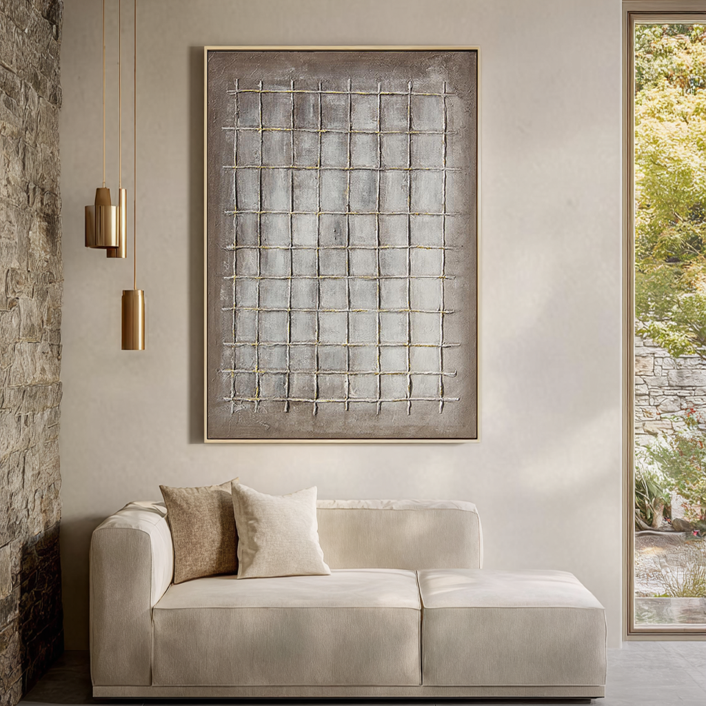 Ancient Grid – Modern Neutral Plaster Relief Grid Wabi-Sabi Painting | Japandi Organic Wabi-Sabi Living Room & Hallway Art