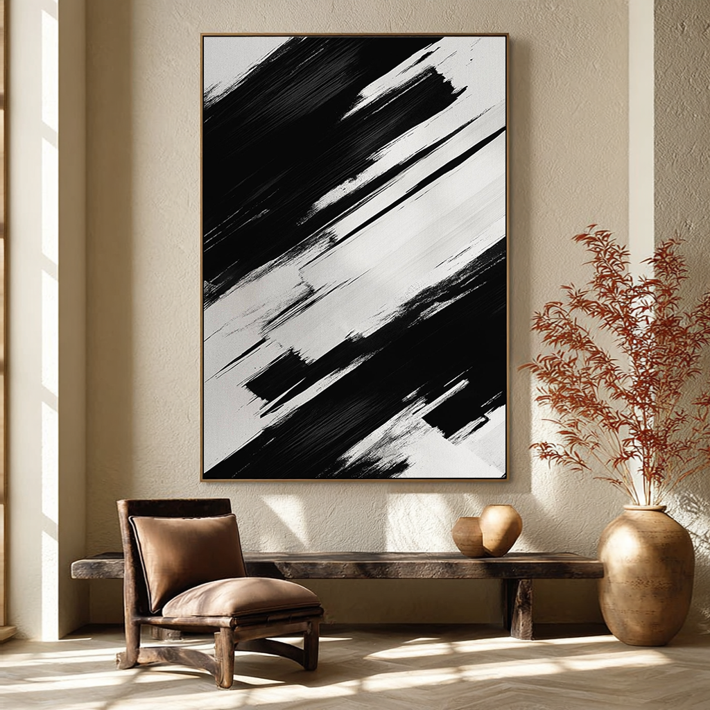 STRIKING NOIR: Bold Black & White Abstract Painting, Heavy Texture Industrial Wall Art