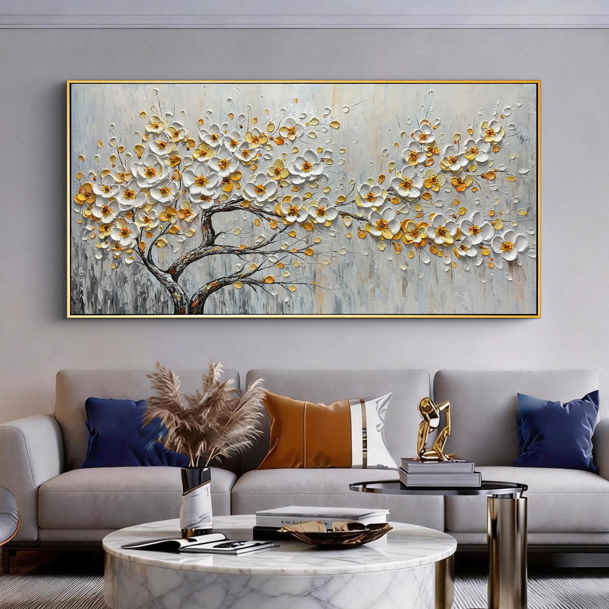 Gilded Blossom – Modern Heavy Textured Floral Painting | Luxury Horizontal Living Room Art