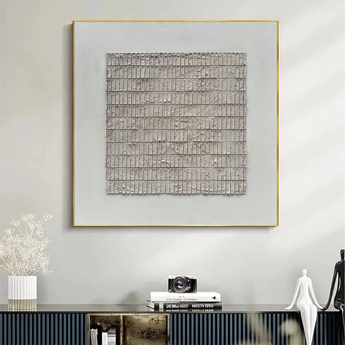 Temporal Grid – Wabi-Sabi Cement Gray Textured Abstract Painting | Modern Minimalist Entryway Art