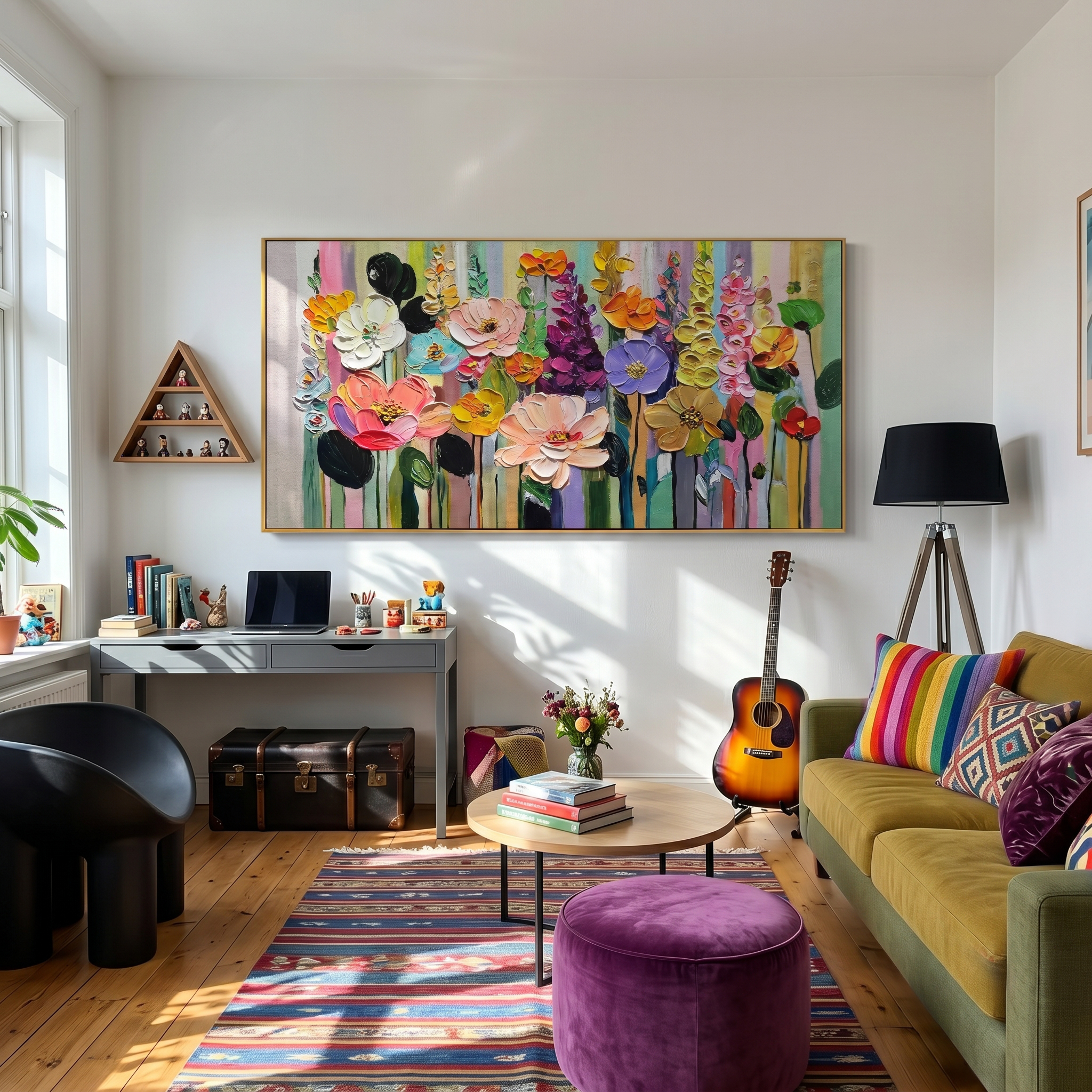 Dopamine Garden – Modern Impasto Colorful Wildflower Canvas | Joyful Living Room Wall Art
