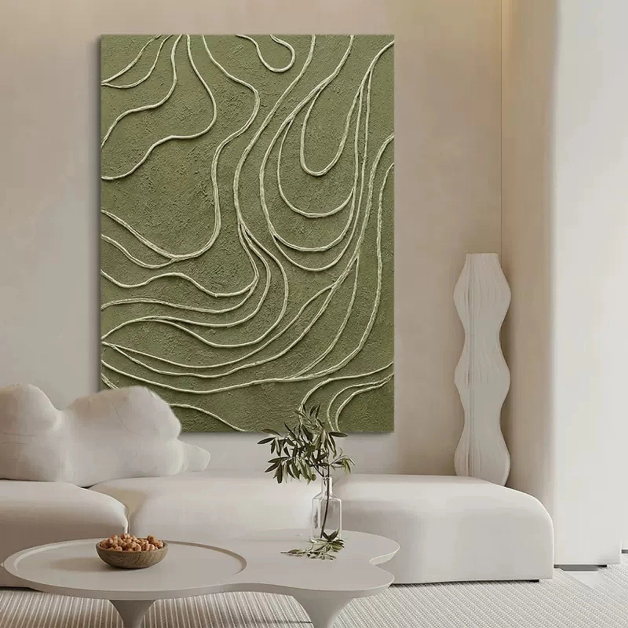 Olive Topography – Hand-Painted Sage Green 3D Line Relief Plaster Effect Minimalist Painting | Modern Minimalist Bedroom & Home Office Art