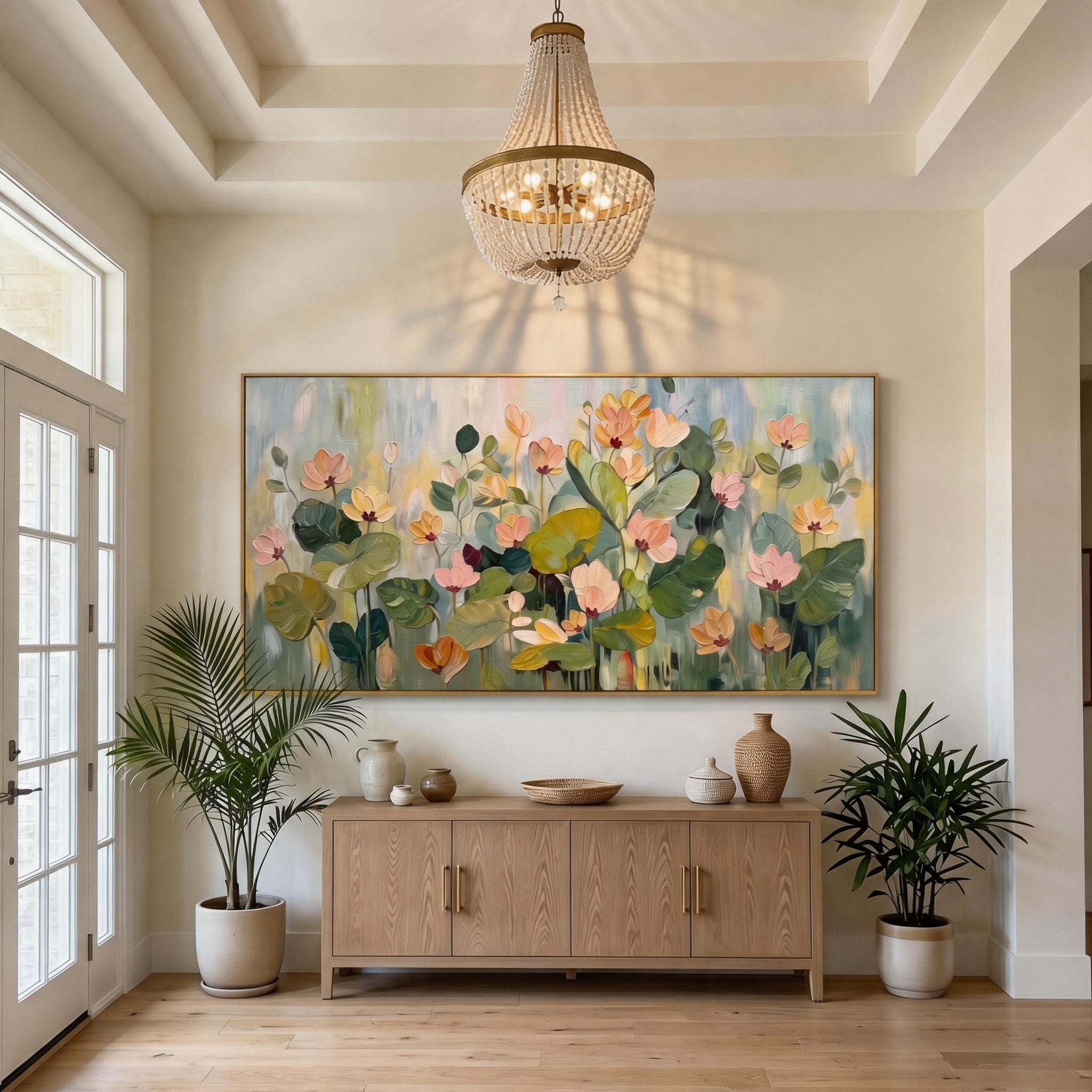 Endless Bloom – Modern Hand-Painted Horizontal Floral Oil Painting | Minimalist Living Room Wall Decor