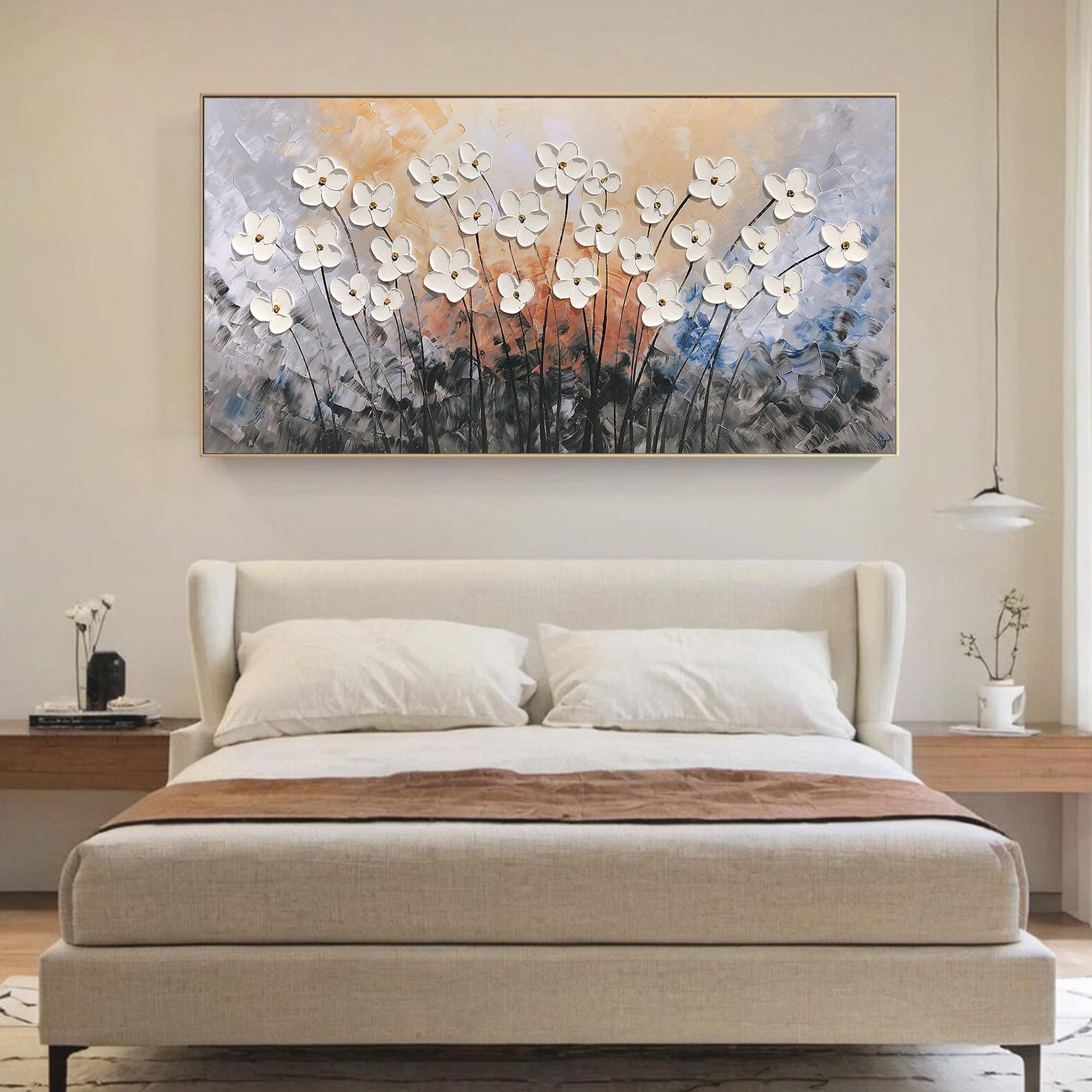 Amber Radiance – Sunset Background Flower Relief Floral Painting | Contemporary Botanical Bedroom & Living Room Art