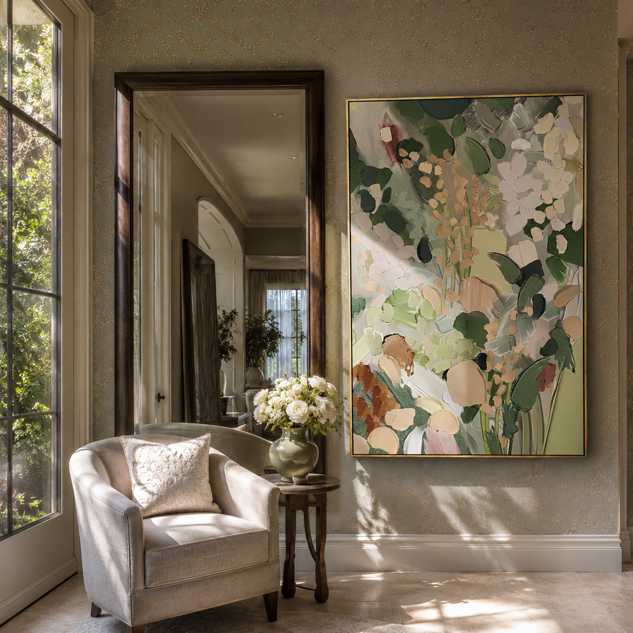 The Secret Garden – Modern Sage Green Impasto Floral Painting | Organic Living Room Vertical Canvas Art