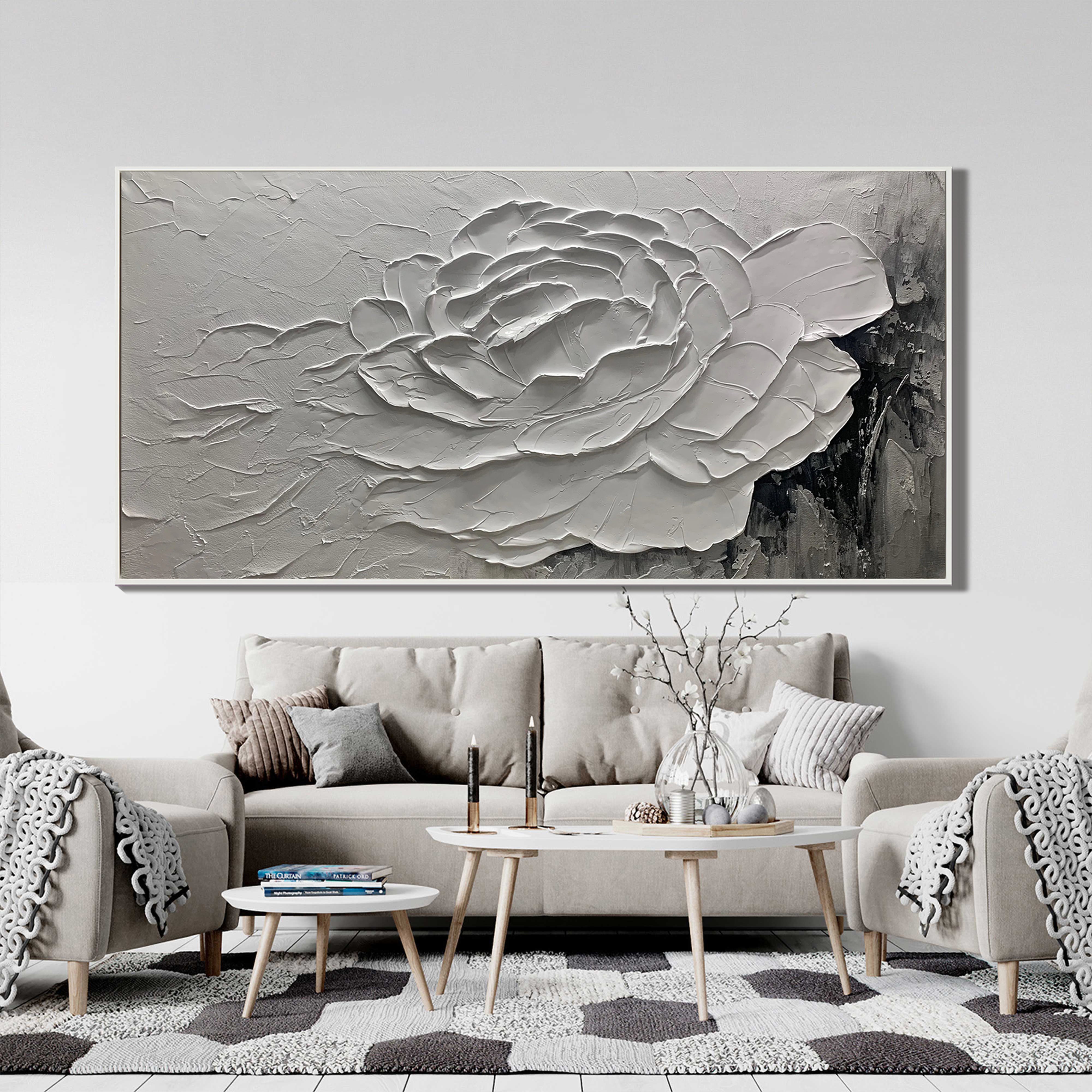 SCULPTED BLOOM: Floral Wall Art, Hand-Painted Horizontal Grey and White 3D Relief Plaster Effect Heavy Texture Studio Art