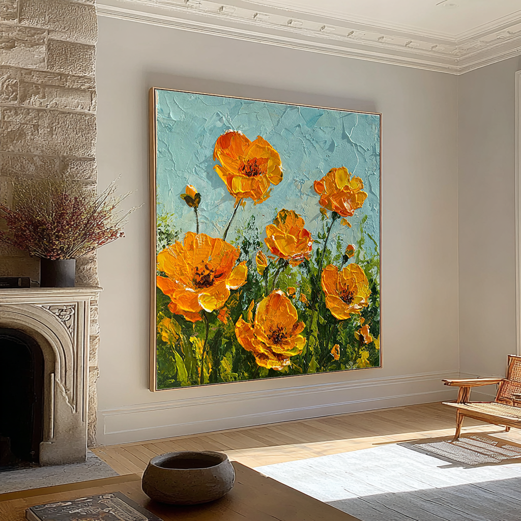 Amber Sunshine – Modern Impasto Orange Floral Oil Painting | Creative Textured Wildflower Hallway Art