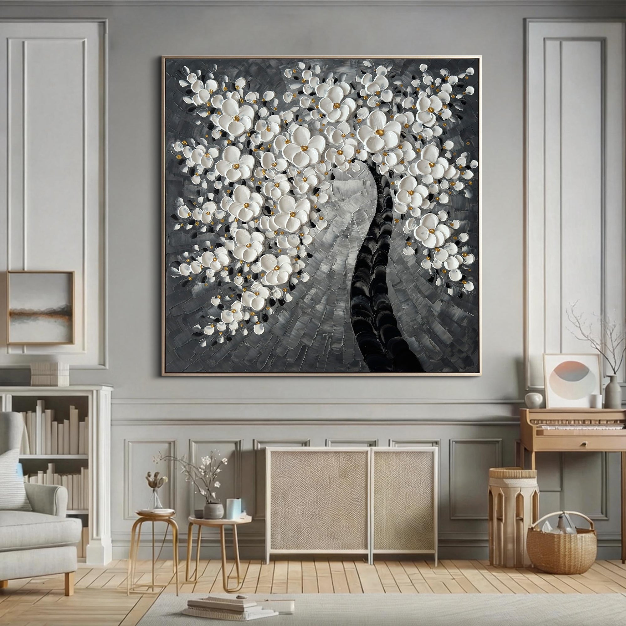 Noir Blossom – Modern Black and Grey Tree Relief Floral Painting | Minimalist Botanical Bedroom & Living Room Art