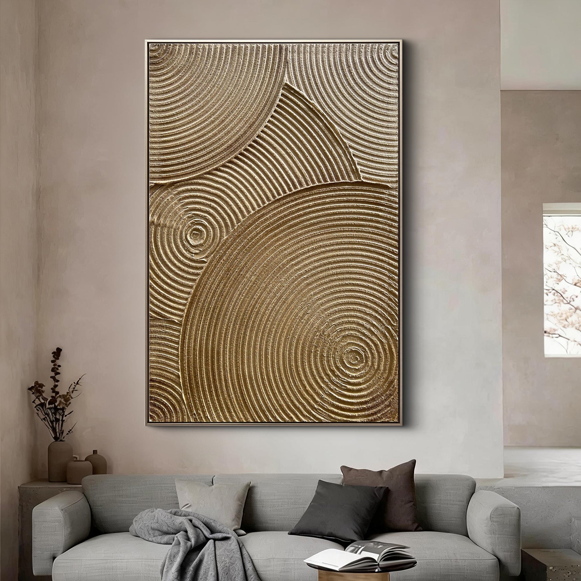 Ripples of Time – Wabi-Sabi Warm Gold Concentric Line Art | Modern Textured Living Room Art