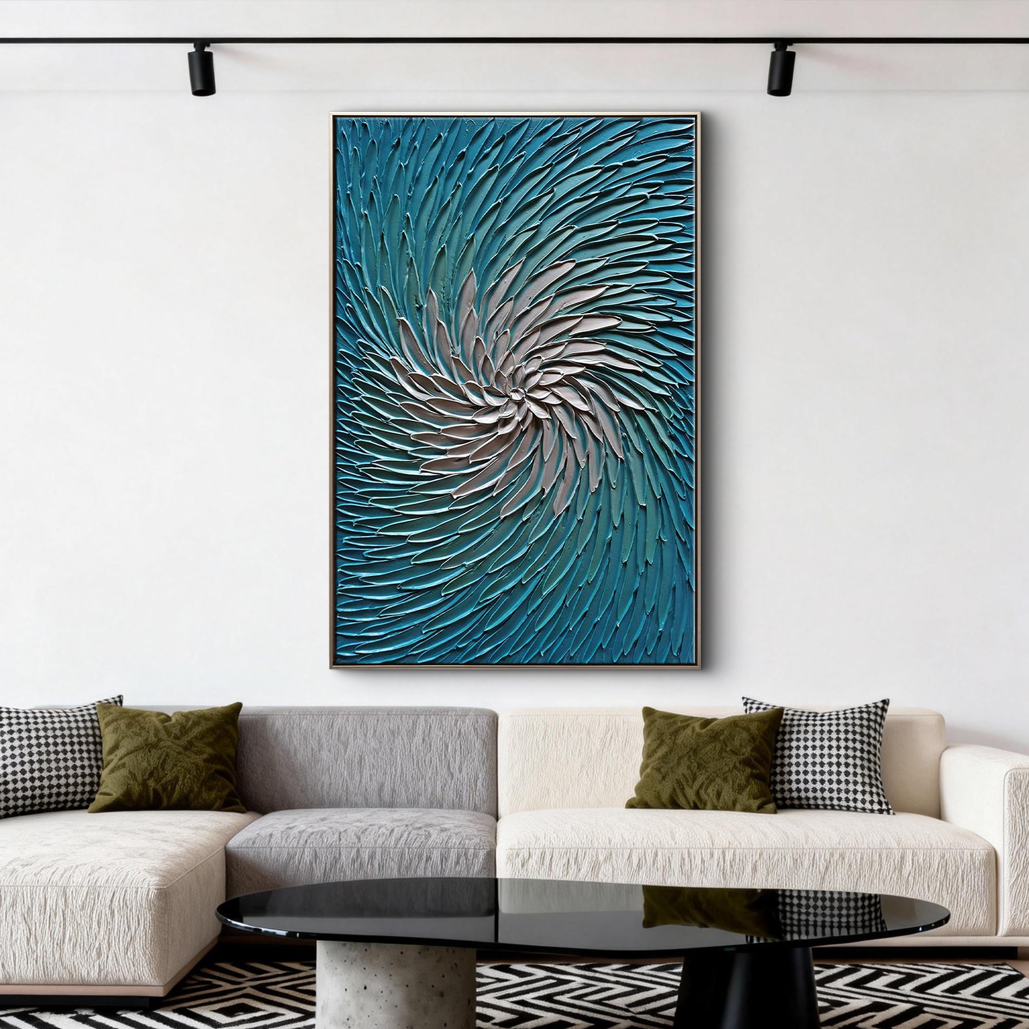 The Ocean Vortex – Modern Teal & Ivory Heavy Impasto Painting | Abstract Coastal Minimalist Hallway Art