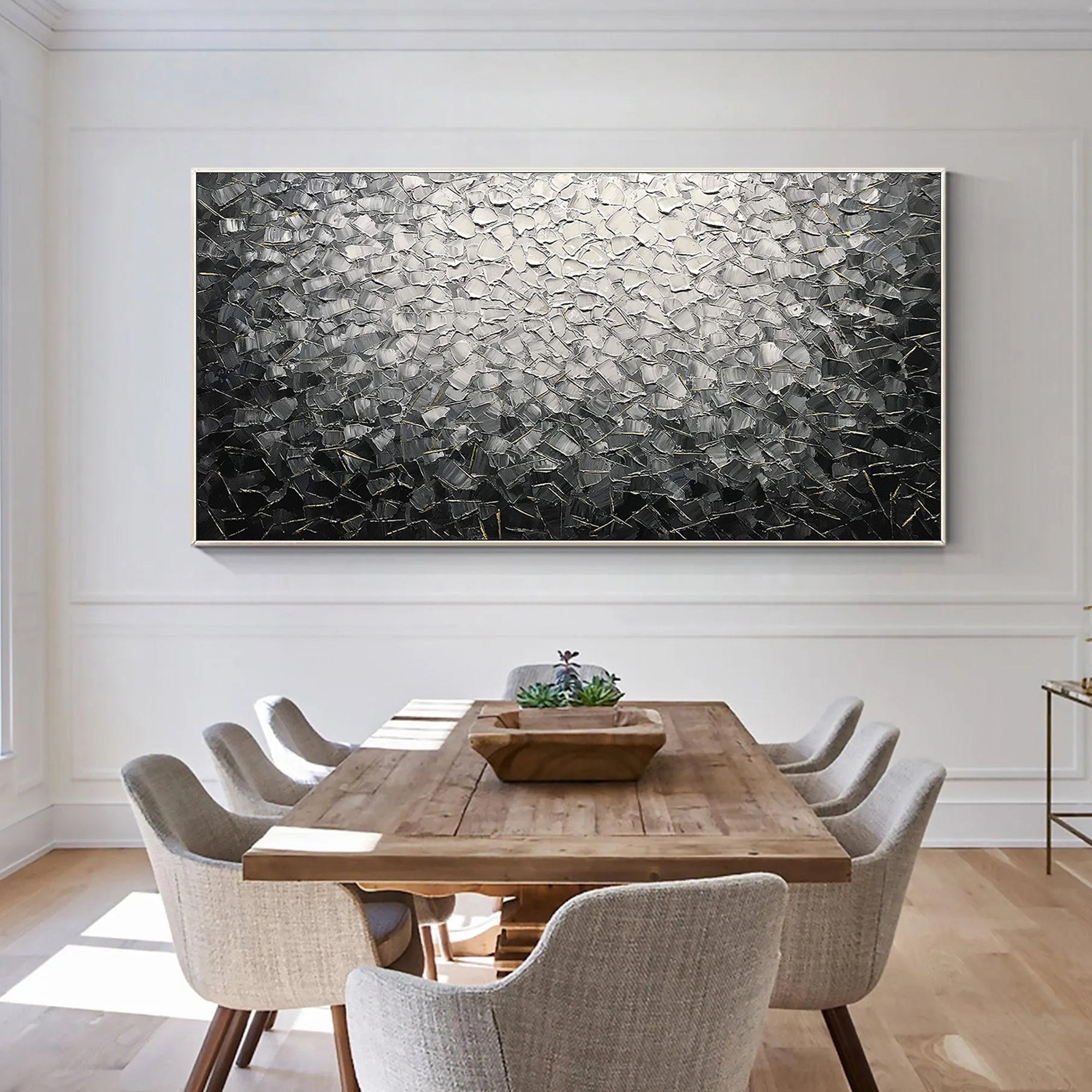Silver Matrix – Modern Grayscale Relief Texture Painting | Contemporary Plaster Texture Living Room & Office Art