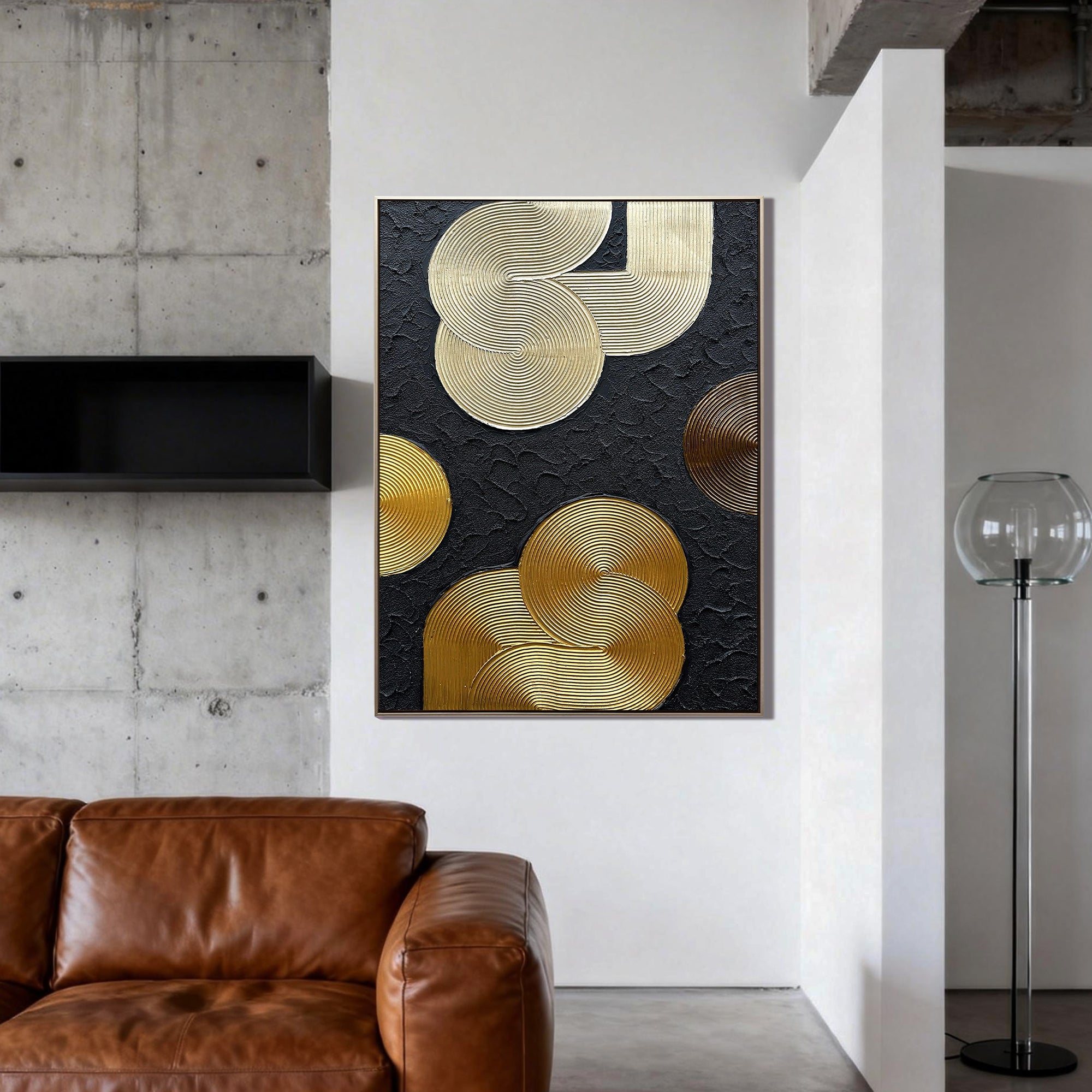 Metallic Orbit – Luxury Black & Gold 3D Linear Geometric Art | Modern High-End  Living Room Art