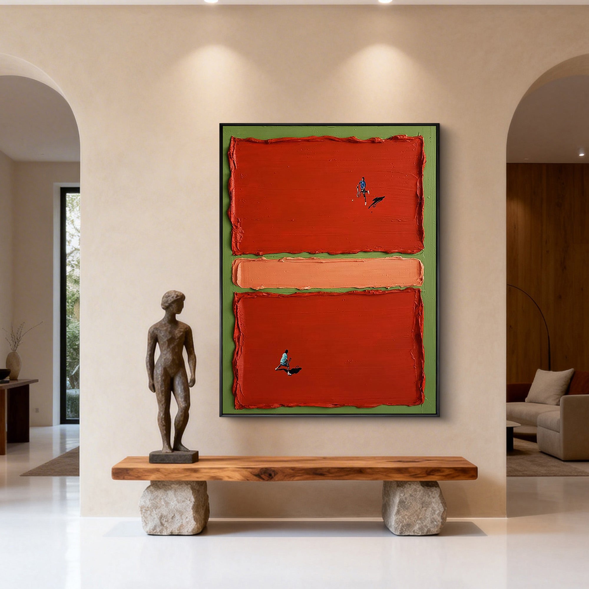 VIVID RACE: Creative Miniature People Oil Painting, Heavy Texture Red Block Abstract Art