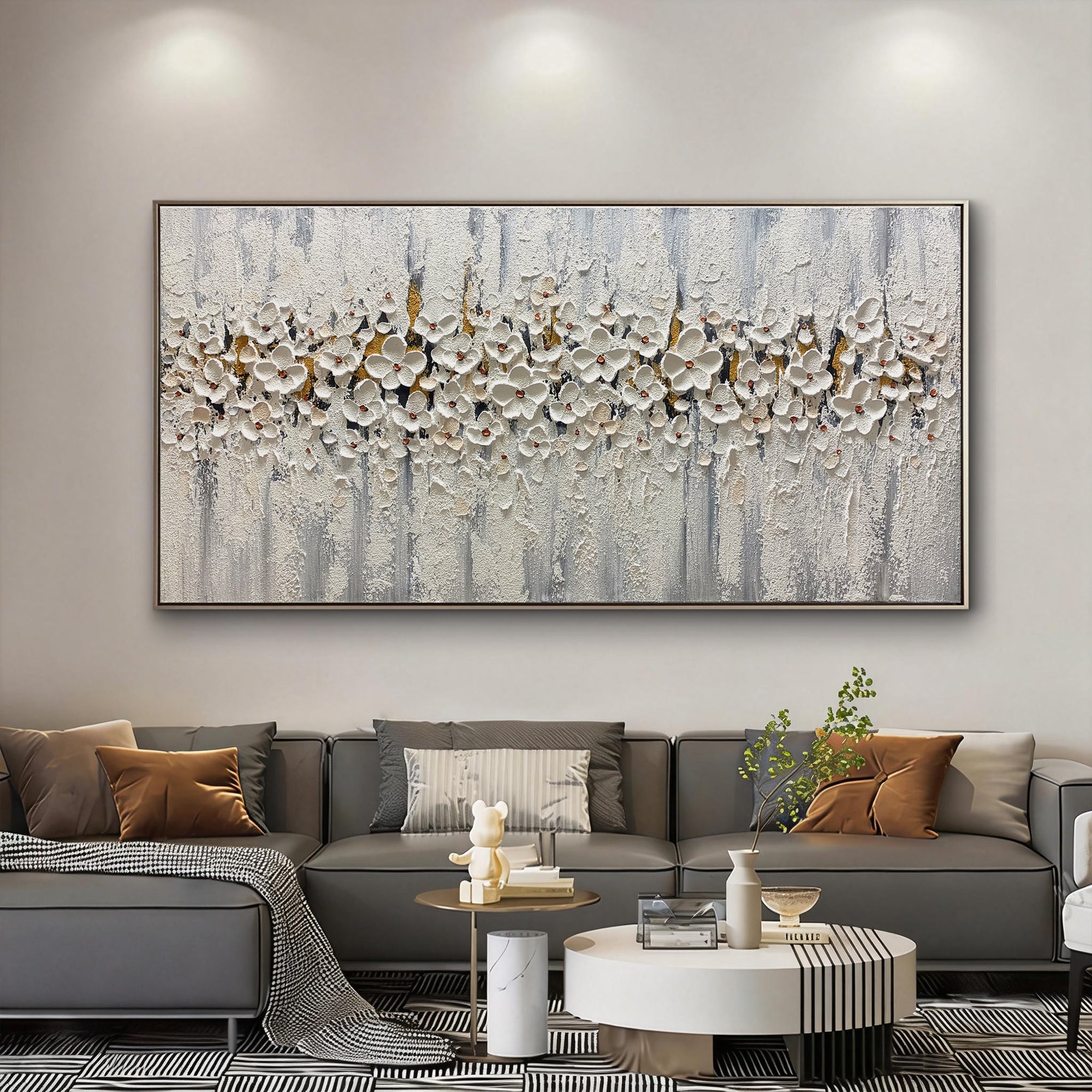 White Night Symphony – Modern Heavy Impasto White Flowers Painting | Luxury Panoramic Living Room Art