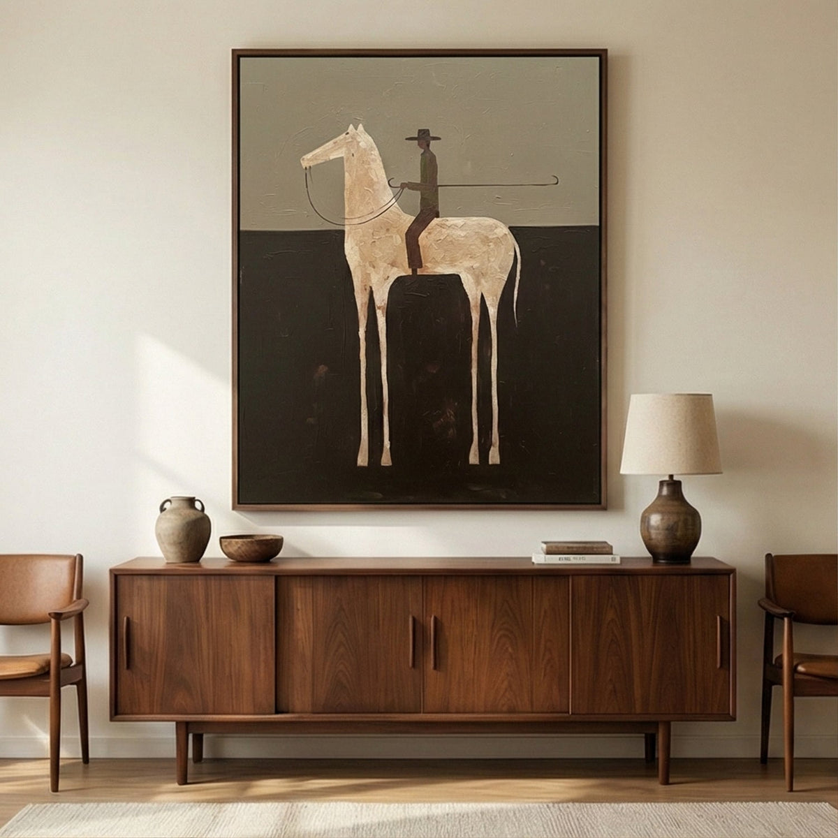 Ivory Rider After Midnight – Minimalist White Horse Rider Painting | Dark Vertical Western Wall Art