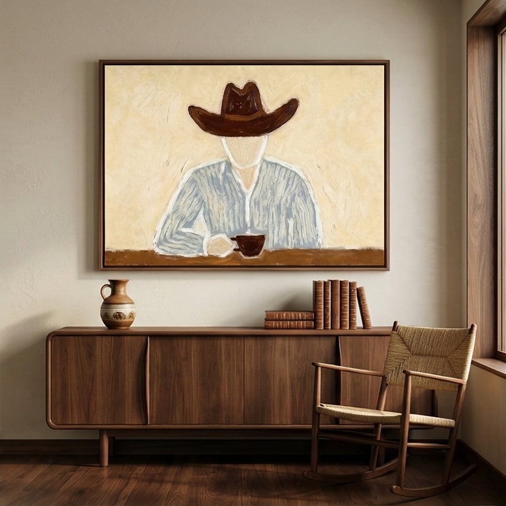 Morning Cup in Silence – Neutral Wide Hat Figure Painting | Modern Figurative Horizontal Wall Art