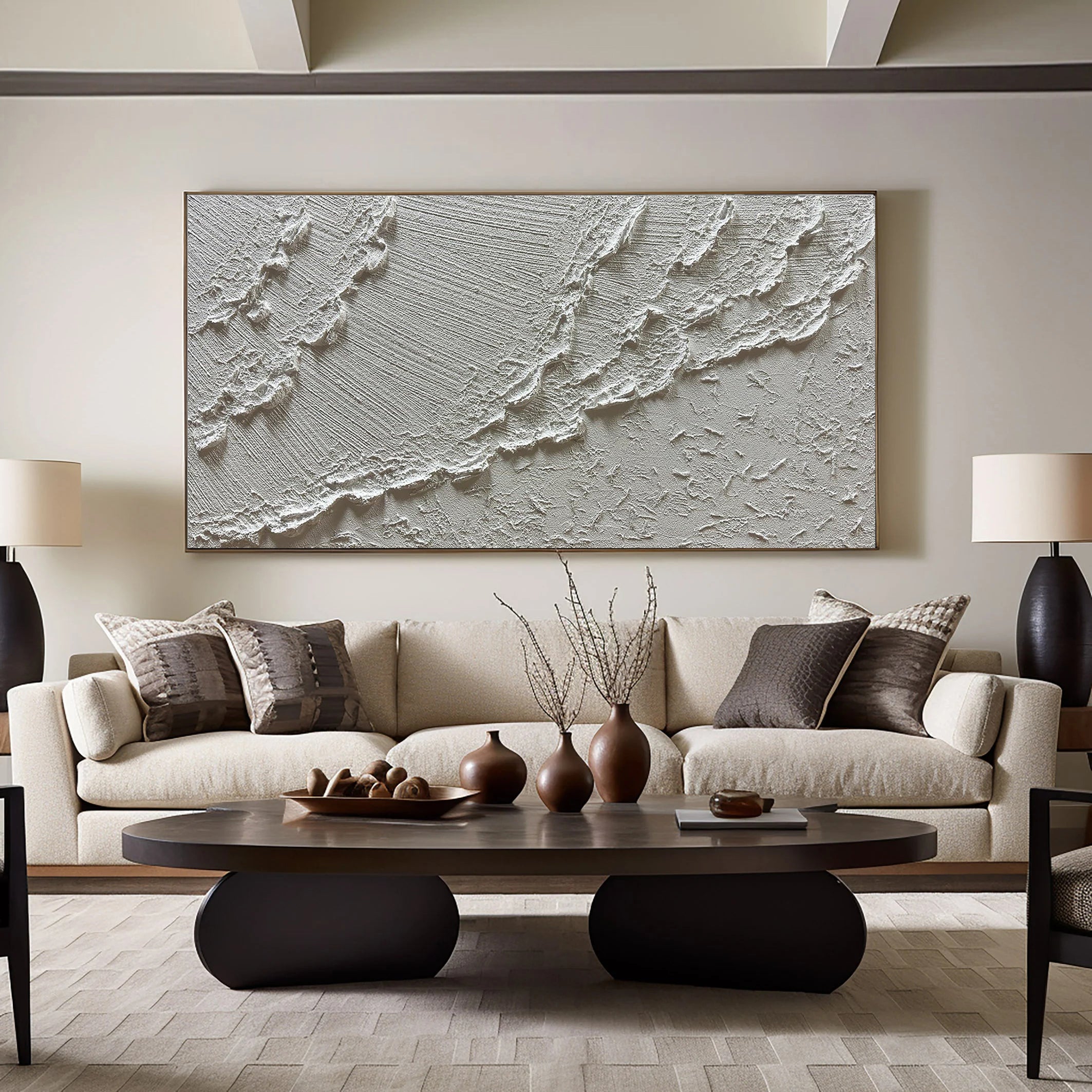 Silver Ridge – Modern White Abstract Relief Minimalist Painting | Modern Minimalist Bedroom & Home Office Art