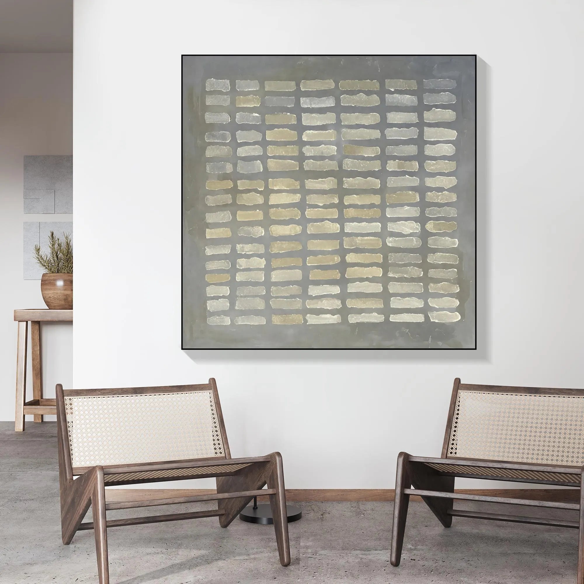 Whispered Matrix – Wabi-Sabi Slate Grey Minimalist Grid Painting | Modern Geometric Textured Hallway Art