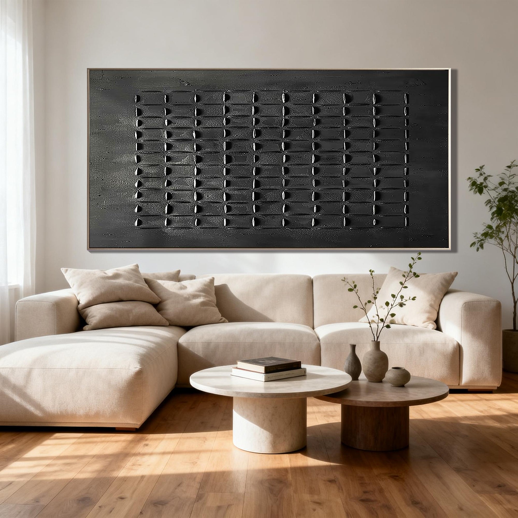 The Dark Matrix – All Black Minimalist 3D Textured Relief Art | Wabi-Sabi Horizontal Home Office Art