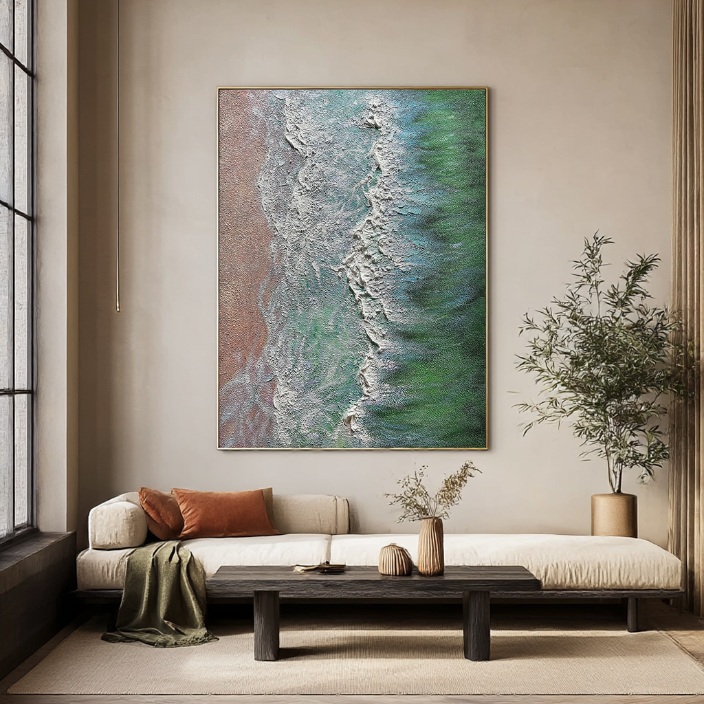 EMERALD COAST: Aerial View Ocean Wave Painting, Heavy Impasto Textured Seascape Art