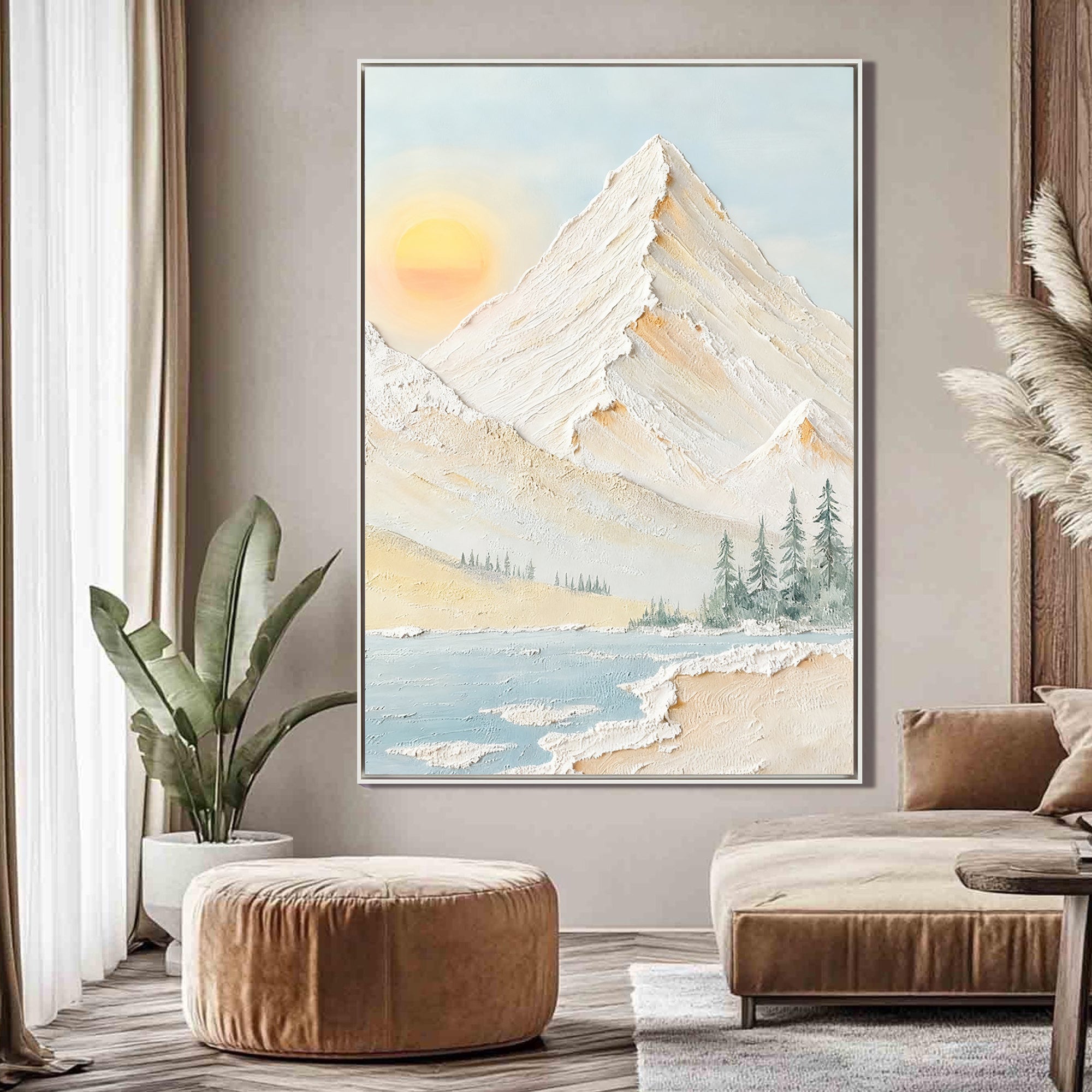 Pale Daylight – Scandinavian Minimalist Sun & Mountain Impasto Painting | Serene Textured Landscape Living Room Art