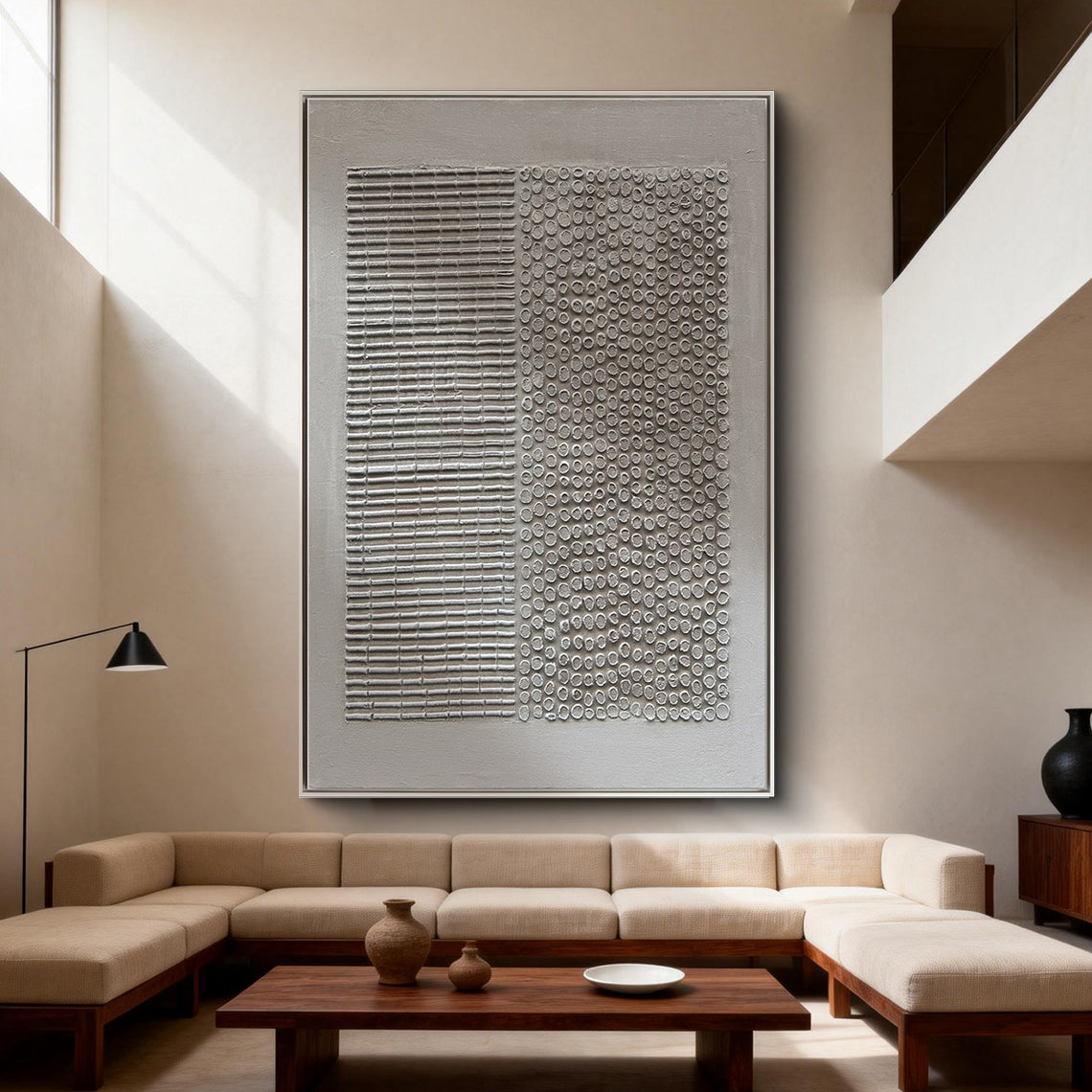 SILENT GRID: Wabi-Sabi Plaster Texture Wall Art, Modern Linear Abstract Relief