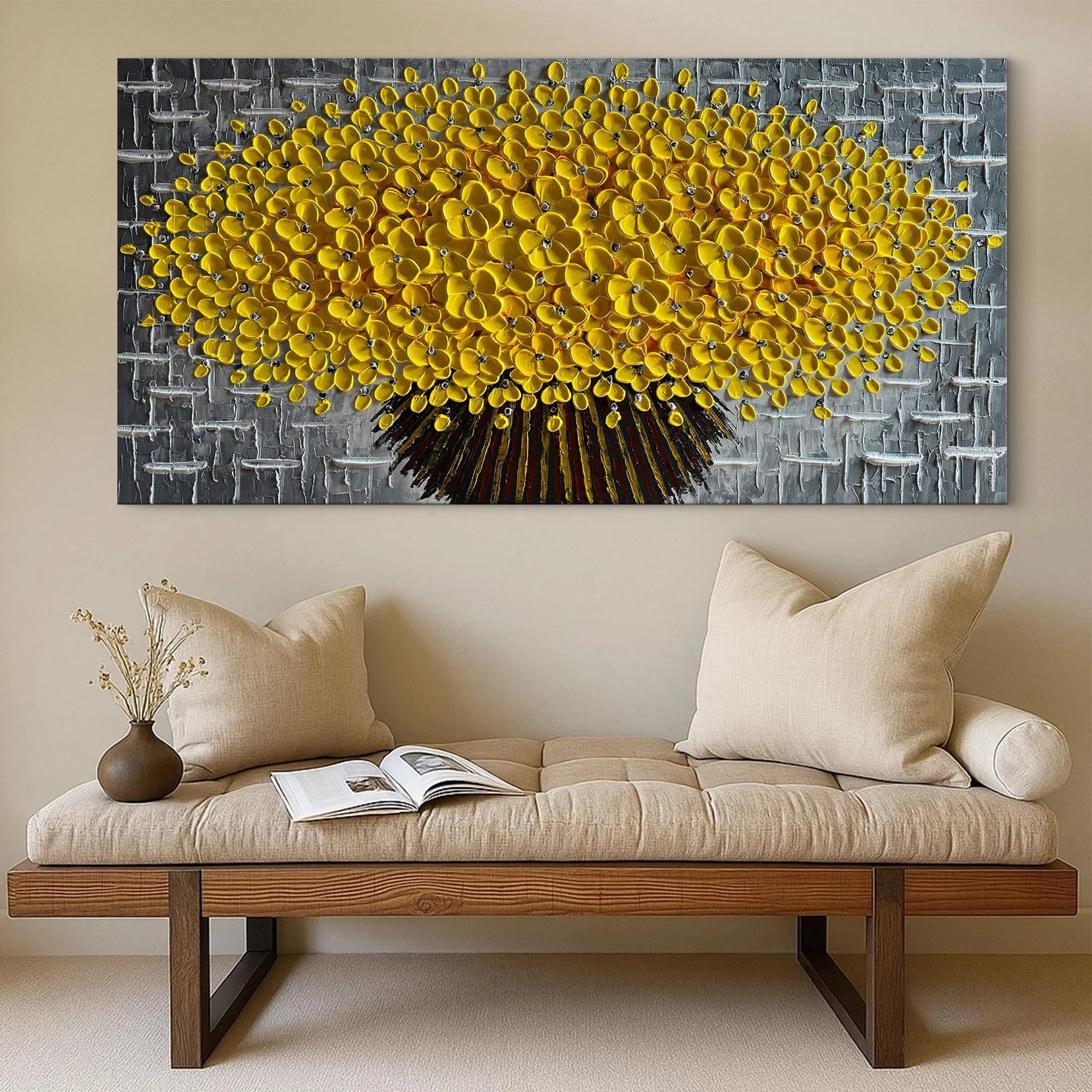 Golden Glow – Luxury Yellow Flower Tree Relief Floral Painting | Modern Luxury Botanical Bedroom & Living Room Art