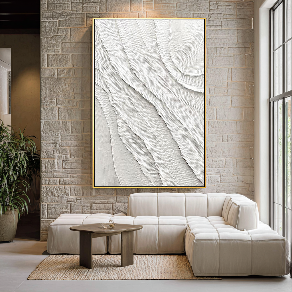 Pure Ripple – Hand-Painted Plaster Effect White Wave Relief Abstract Texture Painting | Modern Abstract Living Room & Office Art