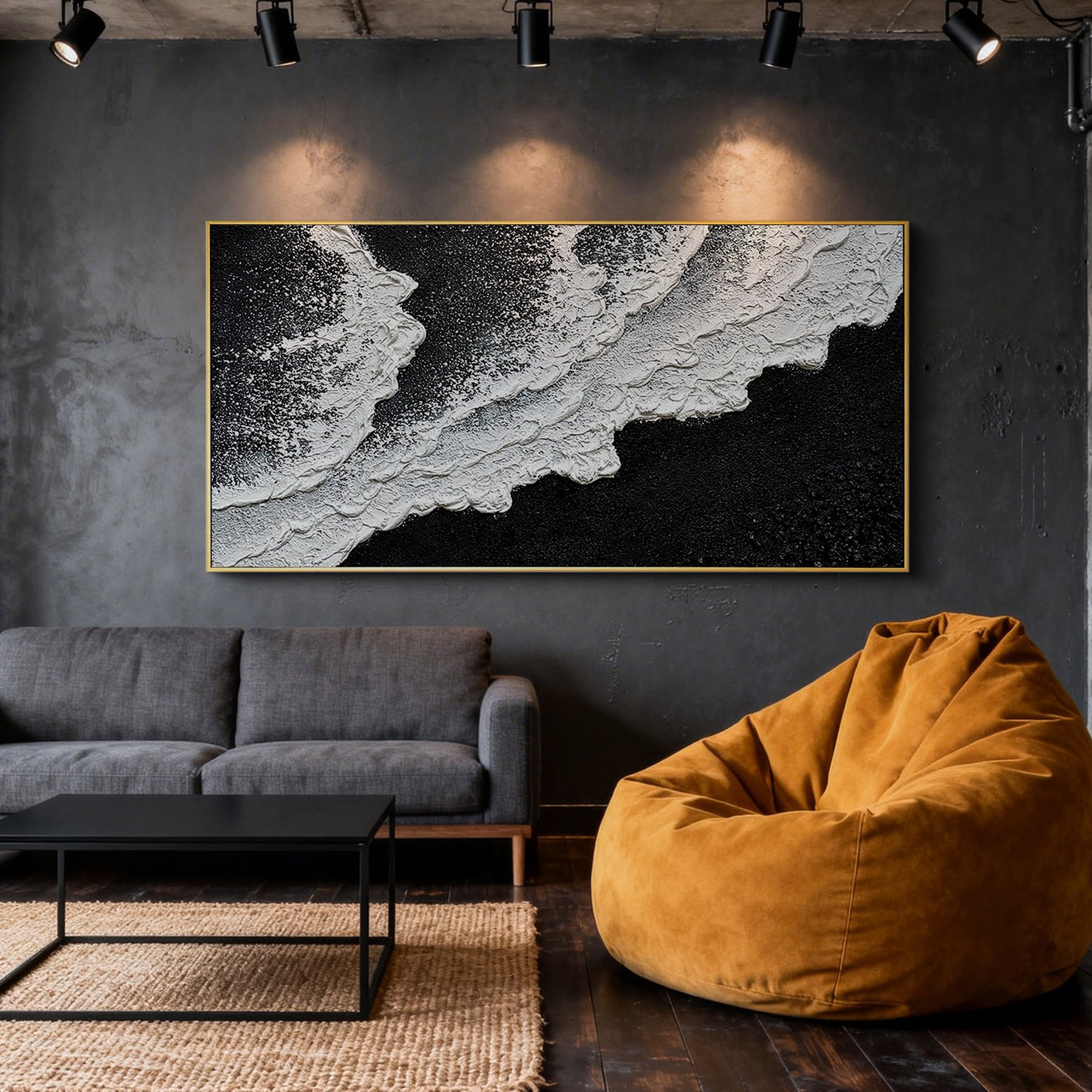 Realm of Undercurrents – Minimalist Black & White Textured Abstract Wave | Modern Luxury Living Room Art