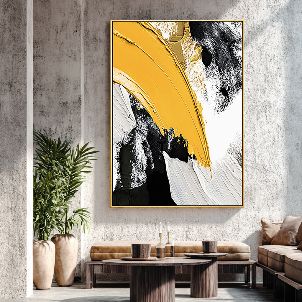 Amber Sweep – Bold Yellow & Black Palette Knife Minimalist Painting | Modern Minimalist Bedroom & Home Office Art