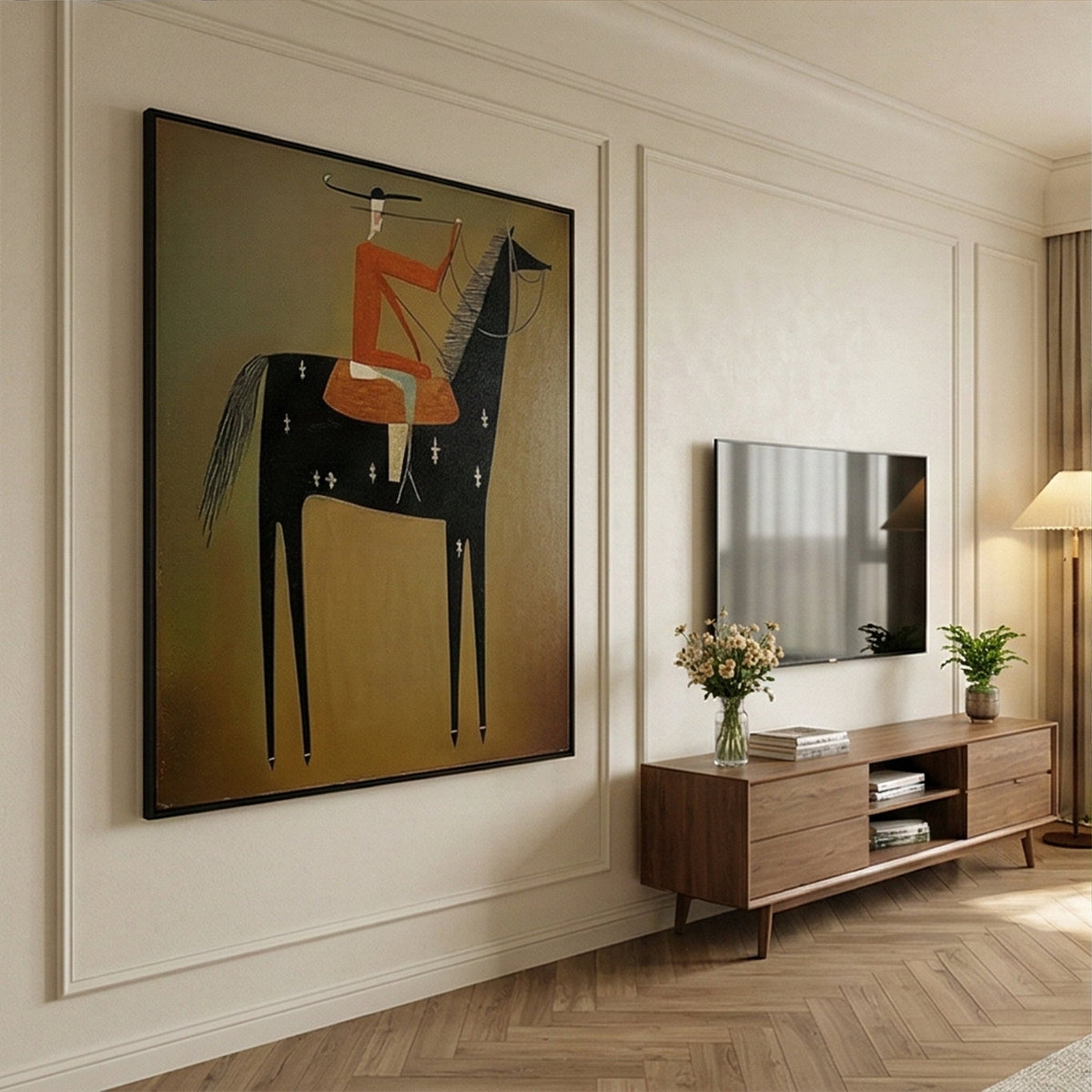 Orange Saddle on Midnight – Modern Western Black Horse Rider Painting | Olive Vertical Wall Art