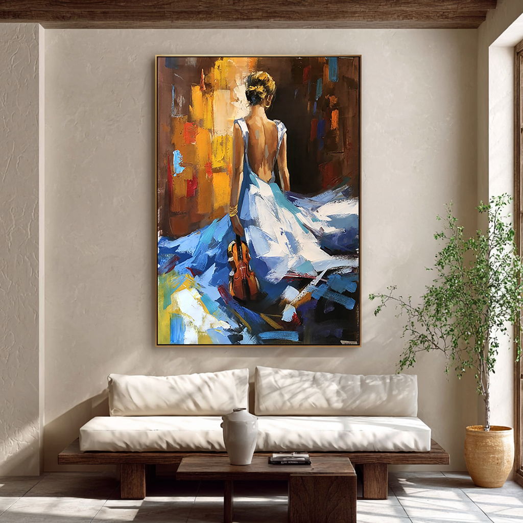 Azure Sonata – Elegant Lady in Blue Gown Impasto Painting | Contemporary Expressionist Living Room & Office Art