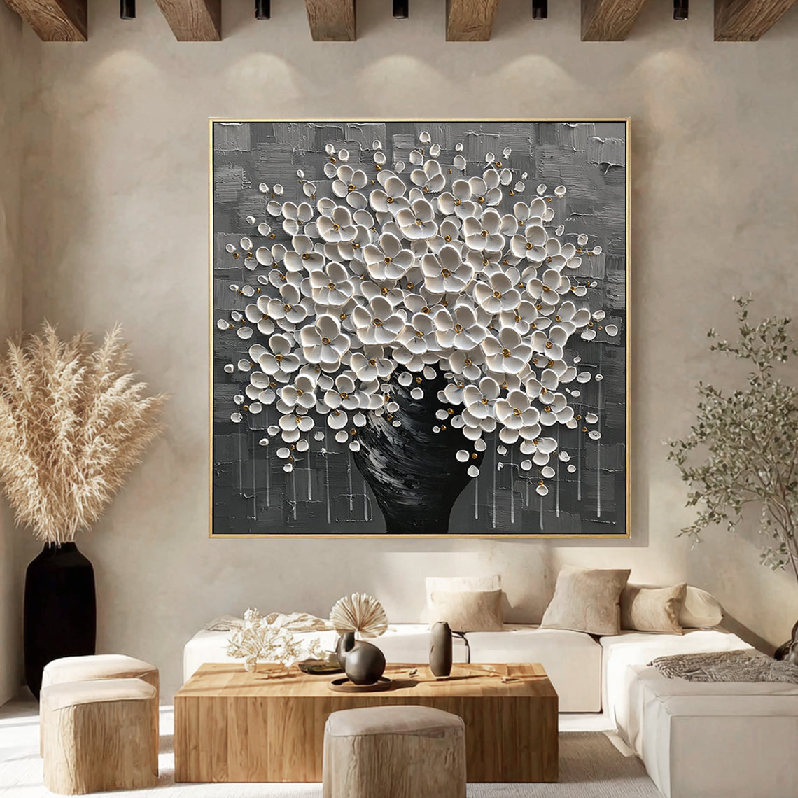 Silver Bloom – Luxury Monochrome Tree Relief Floral Painting | Minimalist Botanical Bedroom & Living Room Art