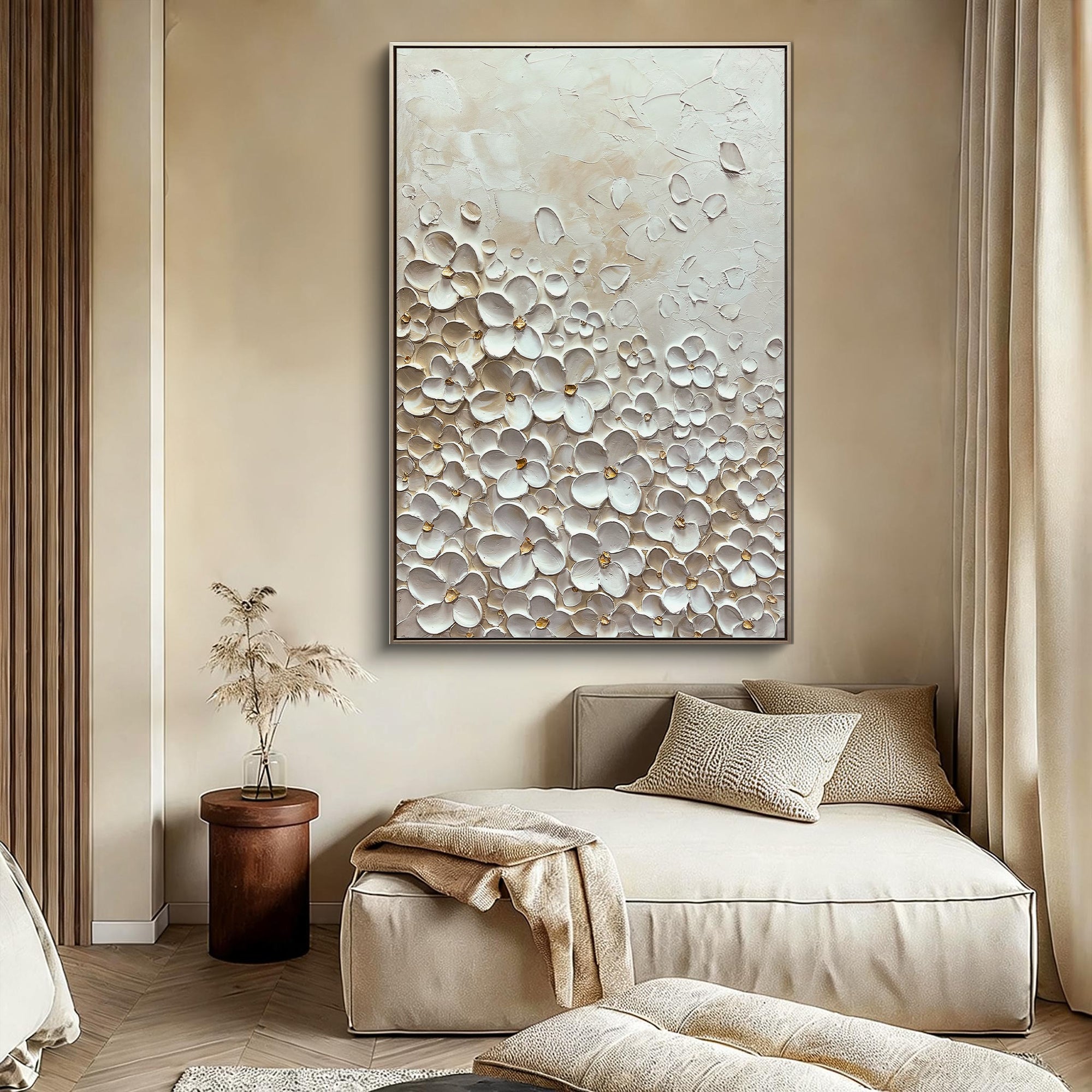 VANILLA BLOOM: 3D Heavy Texture White Flower Wall Art, Cream & Gold Relief Petal Painting