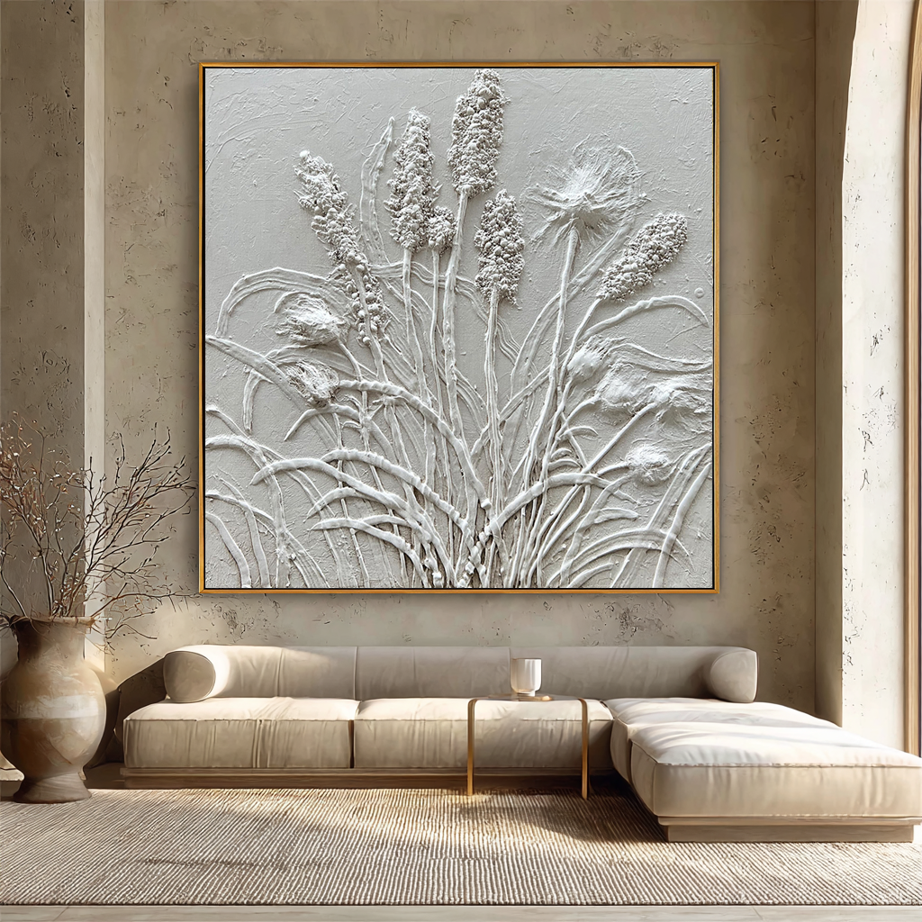 Lavender Breeze – White Plaster Botanical Relief Texture Painting | Contemporary Botanical Bedroom & Living Room Art