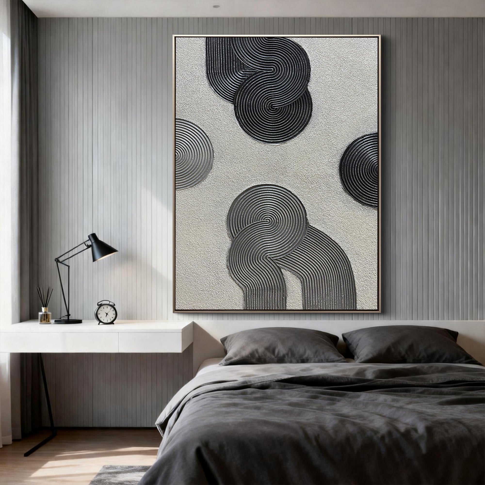 Cosmic Balance – Minimalist Black & Gray 3D Linear Geometric Art | Modern Textured Living Room Art
