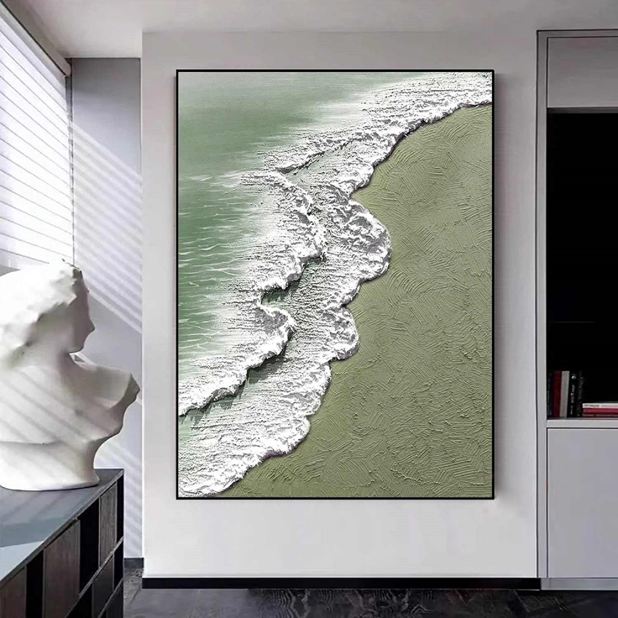 The Silent Shore – Modern Textured Painting | Creative Wabi-Sabi Sage Green Ocean Wave Hallway Art
