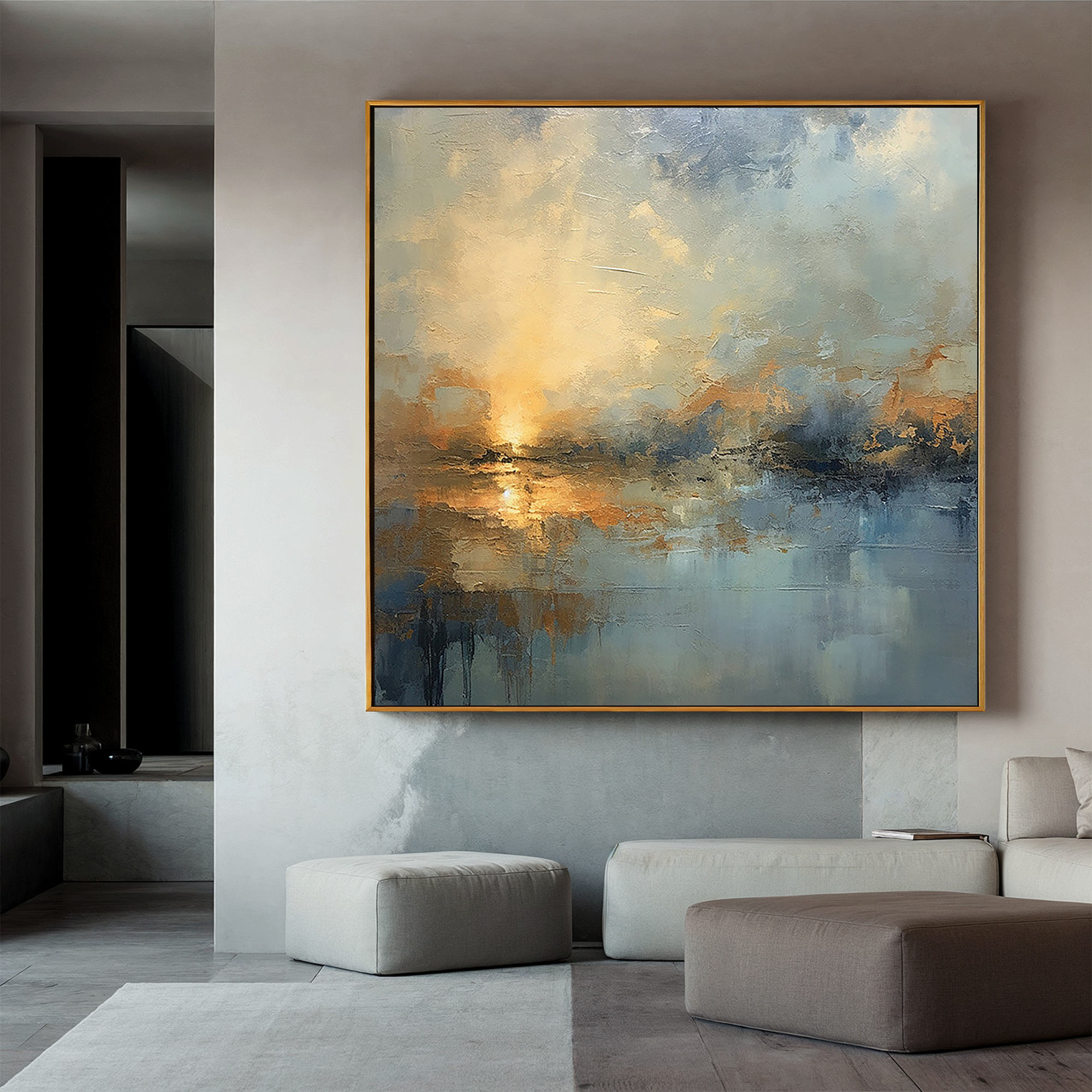 Dawn of Serenity – Modern Impressionist Blue & Gold Painting | Abstract Landscape Dining Room Art