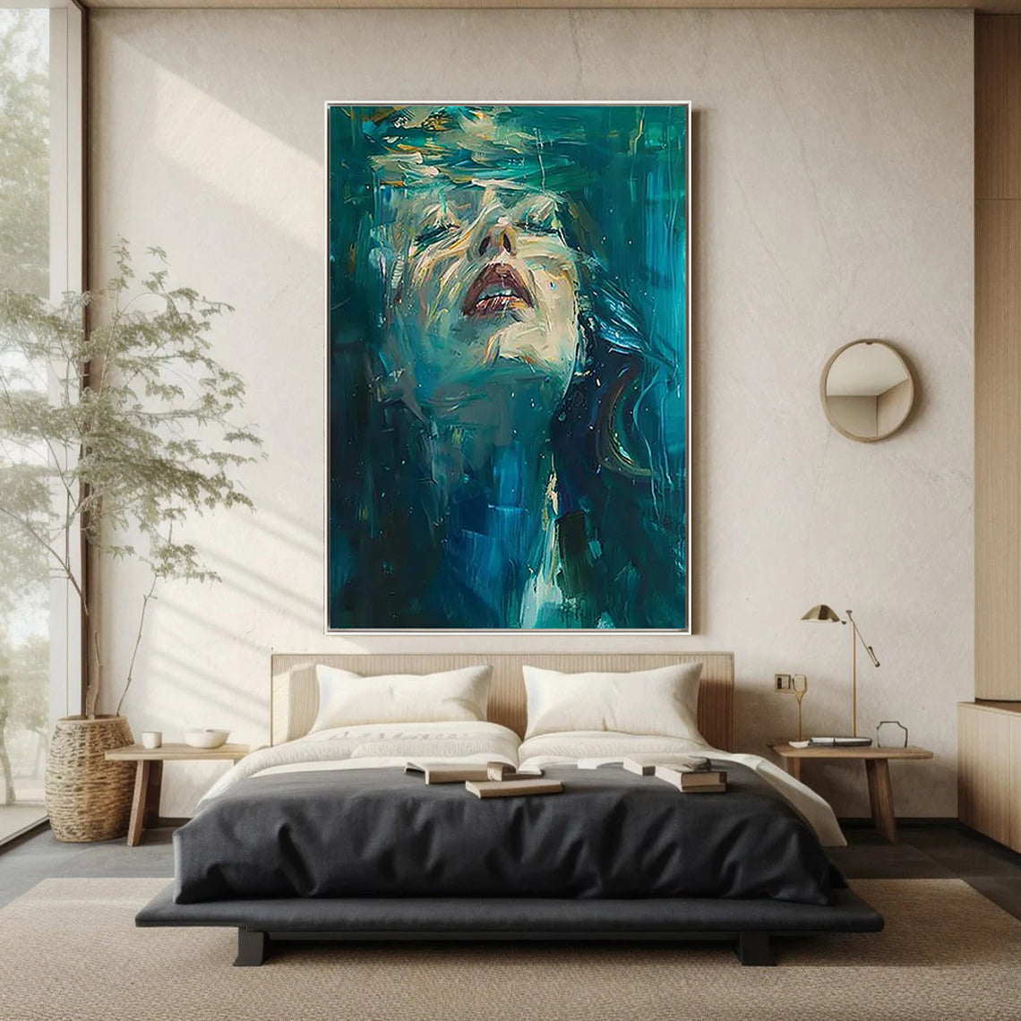 Aquatic Reverie – Hand-Painted Underwater Woman Figure Teal Blue Abstract Textured Oil Portrait Painting | Contemporary Expressionist Living Room & Office Art