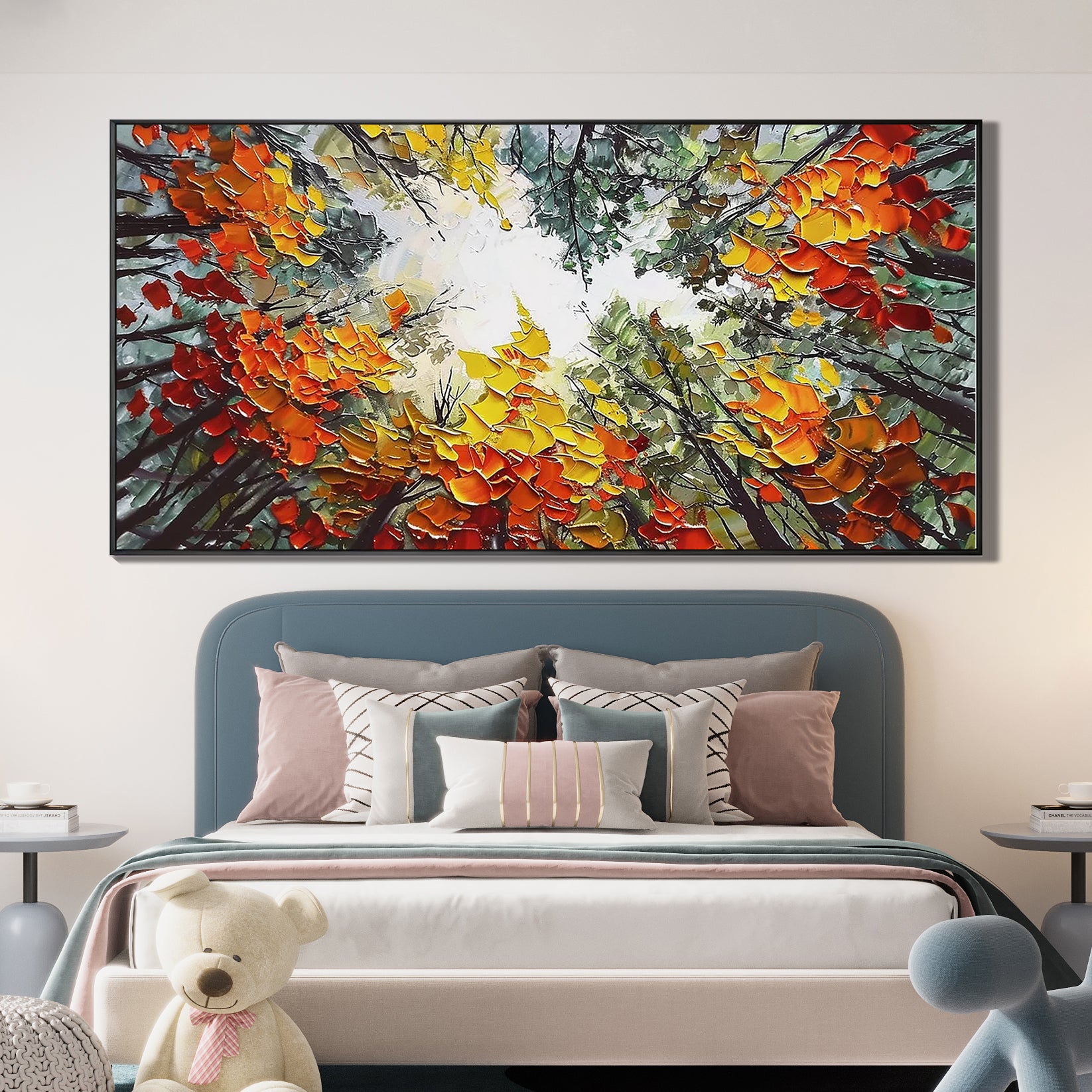 Autumn Canopy – Hand-Painted Worm's-Eye View Autumn Tree Leaves Palette Knife Forest Painting | Contemporary Landscape Living Room & Dining Room Art