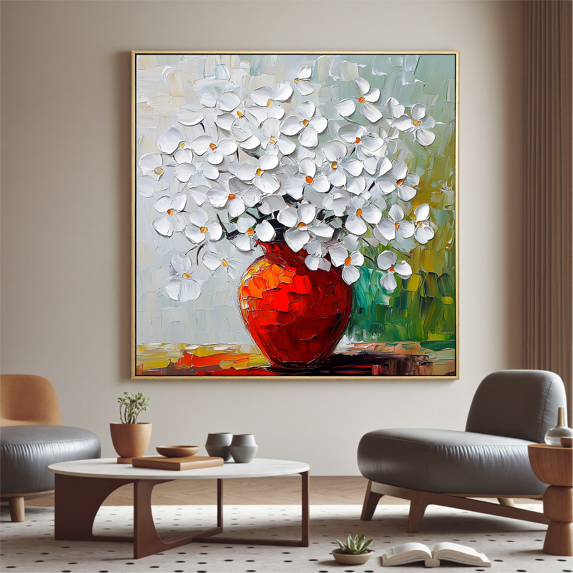 Blossoms in Vermilion – Modern Textured White Floral Painting | Luxury Red Vase Expressionist Hallway Art