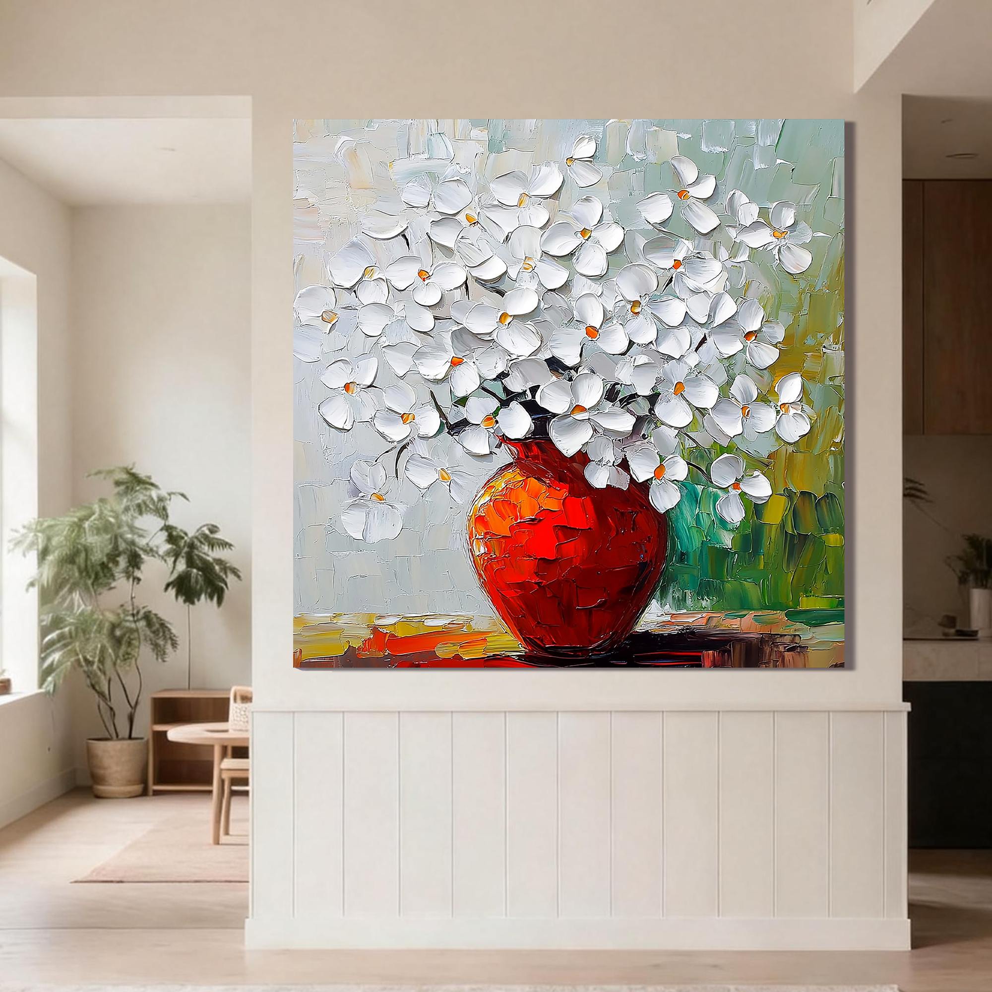 Blossoms in Vermilion – Modern Textured White Floral Painting | Luxury Red Vase Expressionist Hallway Art